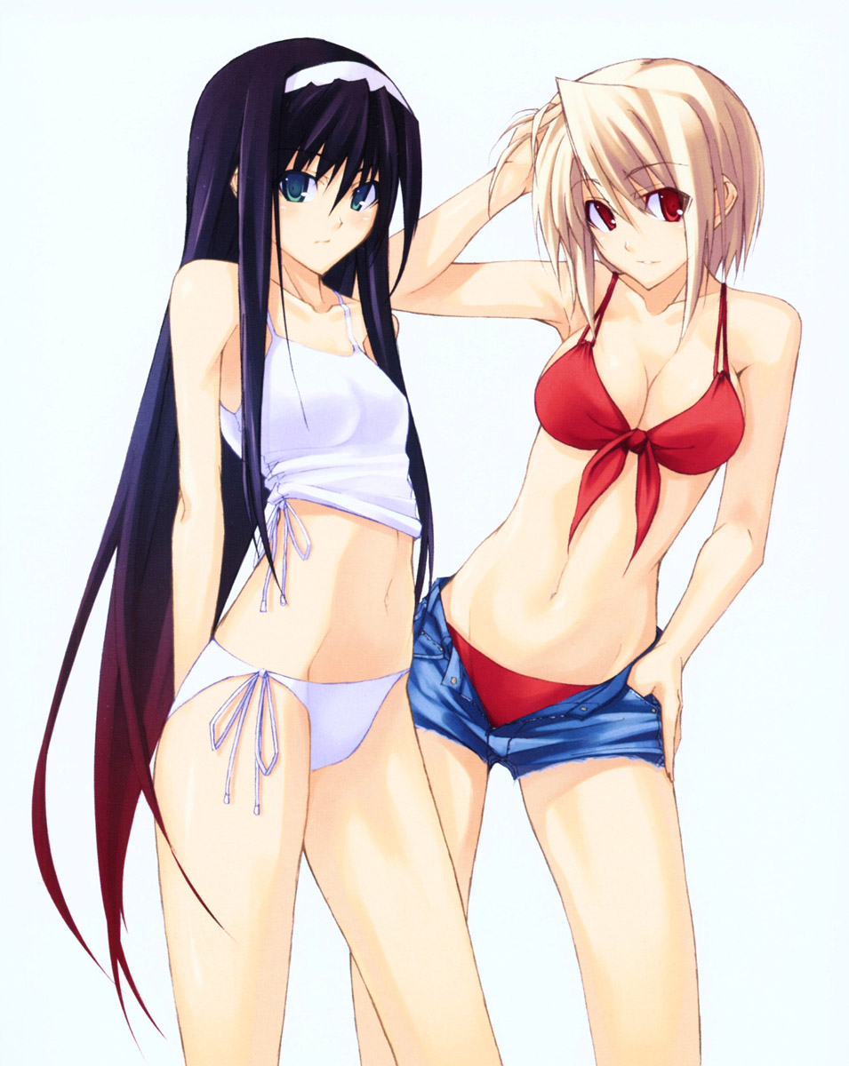 shingo (missing link), arcueid brunestud, tohno akiha, tsukihime, highres, 00s, 2girls, bikini, black hair, blonde hair, blue eyes, blue shorts, blush, breasts, cleavage, collarbone, denim, denim shorts, hairband, long hair, looking at viewer, medium breasts, multiple girls, navel, open fly, red bikini, red eyes, short hair, shorts, side-tie bikini bottom, standing, swimsuit, undressing, white background, white bikini