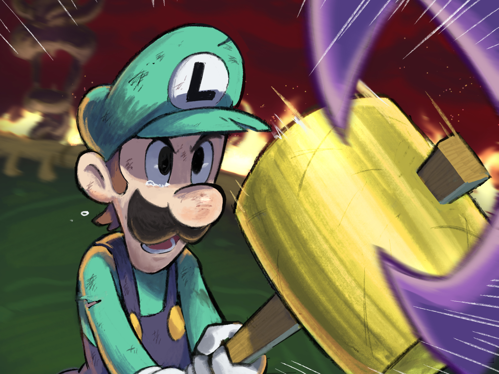 yamari (ya mari 6363), cackletta, luigi, mario & luigi: superstar saga, mario & luigi rpg, mario (series), nintendo, highres, 1boy, blue overalls, boss fight, brown hair, cackletta soul, chain, facial hair, fire, gloves, green hat, green shirt, hammer, hat, holding, holding hammer, in-universe location, male focus, masanori sato (style), mustache, overalls, shirt, short hair, torn clothes, torn hat, torn shirt, upper body, white gloves