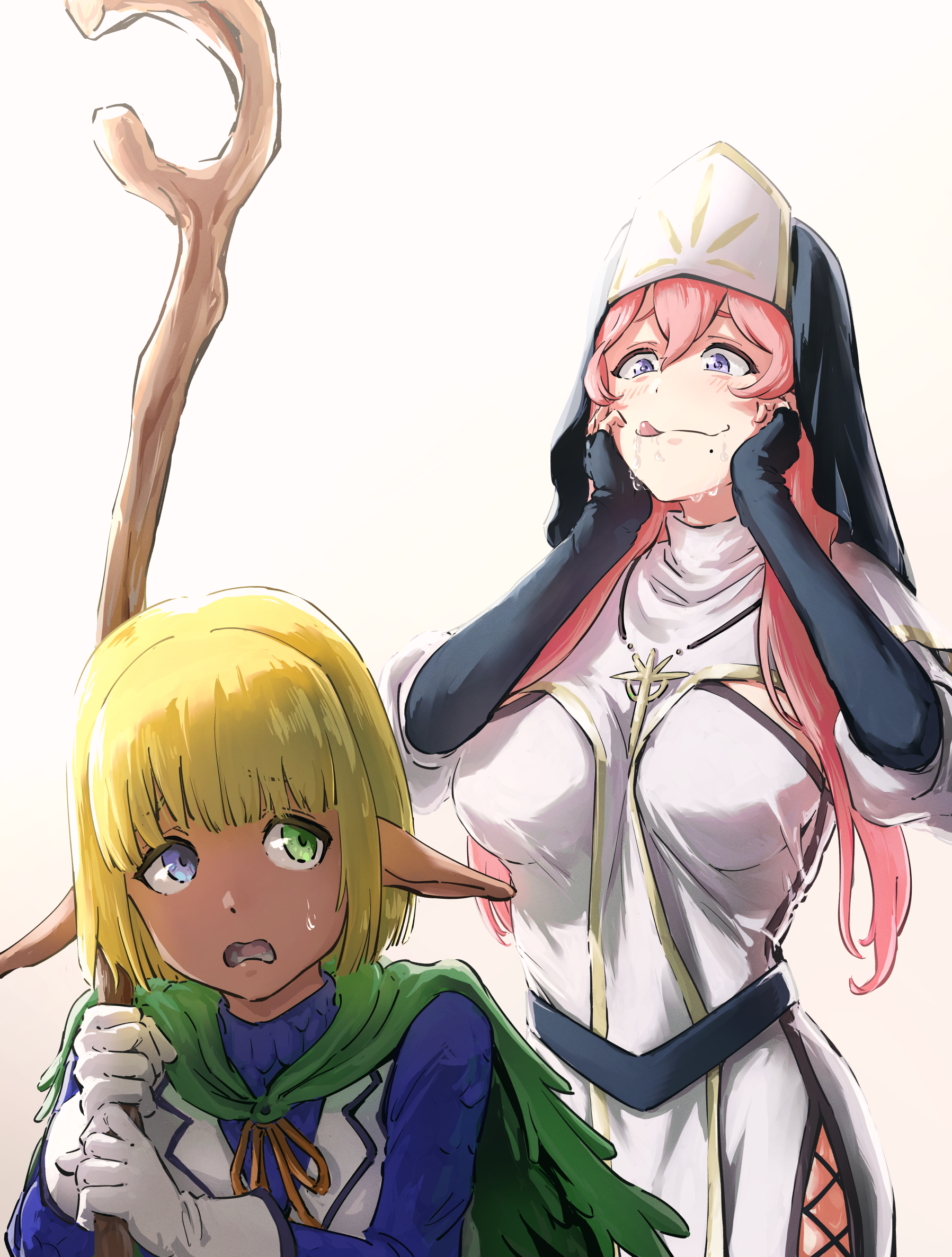 ninjin ika, lilynette piani, mare bello fiore, overlord (maruyama), check commentary, commentary request, highres, belt, black belt, black gloves, blonde hair, blue eyes, blue shirt, blush, bob cut, breasts, cape, coif, crossdressing, crossdressing (mtf), dark-skinned male, dark elf, dark skin, drooling, elbow gloves, elf, female pervert, fingerless gloves, fishnet pantyhose, fishnets, gloves, gradient background, green cape, green eyes, heterochromia, holding, holding staff, jewelry, large breasts, leather shirt, long hair, necklace, nun, open mouth, pantyhose, pervert, pink background, pink hair, pointy ears, saliva, scale print, shirt, short cape, short hair, staff, sweatdrop, tongue, trap, white background, white gloves, wooden staff