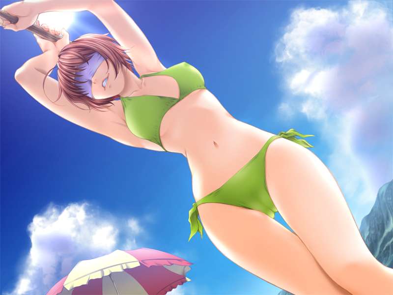 sano toshihide, misaki renka, shichinin no online gamers, game cg, 1girl, armpits, arms up, beach, bikini, blindfold, bob cut, breasts, cameltoe, clenched teeth, cloud, dutch angle, from below, legs, mountain, navel, outdoors, pink hair, short hair, side-tie bikini bottom, sky, small breasts, solo, stick, suikawari, sun, swimsuit, teeth, thigh gap, umbrella, underboob