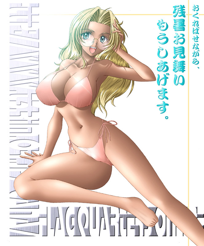 narukami kaname (flag quarters), original, 1girl, arm support, barefoot, bikini, blonde hair, breasts, cleavage, collarbone, female focus, freckles, glasses, green eyes, large breasts, long hair, looking at viewer, open mouth, pink bikini, side-tie bikini bottom, smile, solo, summer, swimsuit, tan, teeth, white background