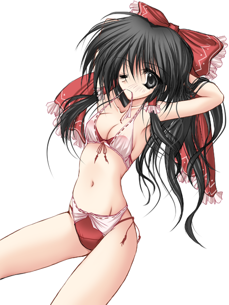 danshaku, hakurei reimu, touhou, 1girl, arms behind head, bikini, black eyes, black hair, bow, breasts, cleavage, collarbone, female focus, grey eyes, hair bow, long hair, looking at viewer, mouth hold, navel, one eye closed, red bikini, side-tie bikini bottom, small breasts, solo, standing, swimsuit, white background