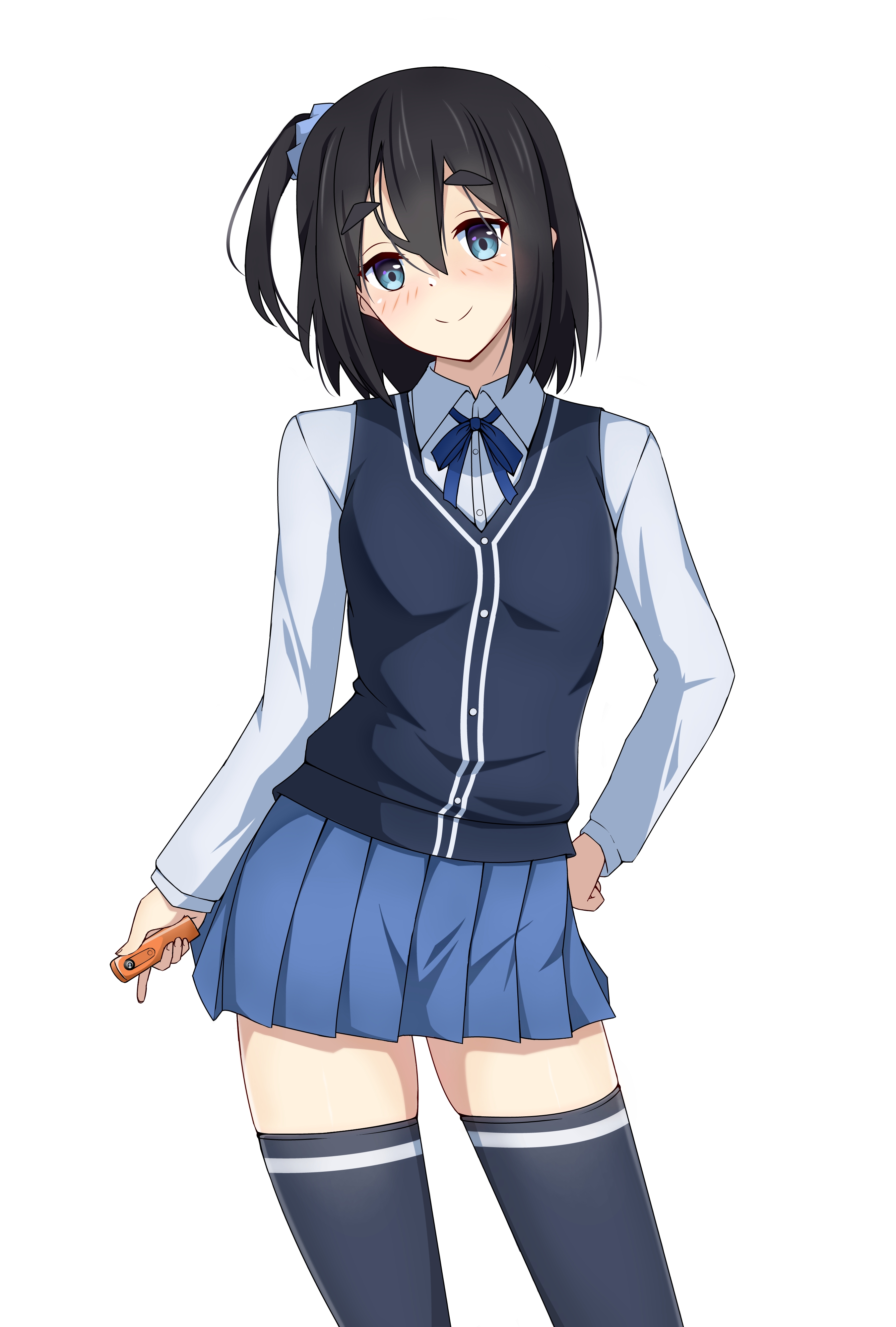 yasuc, amamiya satsuki (mono), mono (afro), absurdres, commentary request, highres, object request, translation request, 1girl, arm at side, black hair, black thighhighs, blue ribbon, blue scrunchie, blue skirt, blue vest, blush, collared shirt, contrapposto, hair between eyes, hand on own hip, medium hair, neck ribbon, pleated skirt, ribbon, school uniform, scrunchie, shirt, side ponytail, skirt, smile, solo, sweater vest, thighhighs, thighs, vest, white shirt