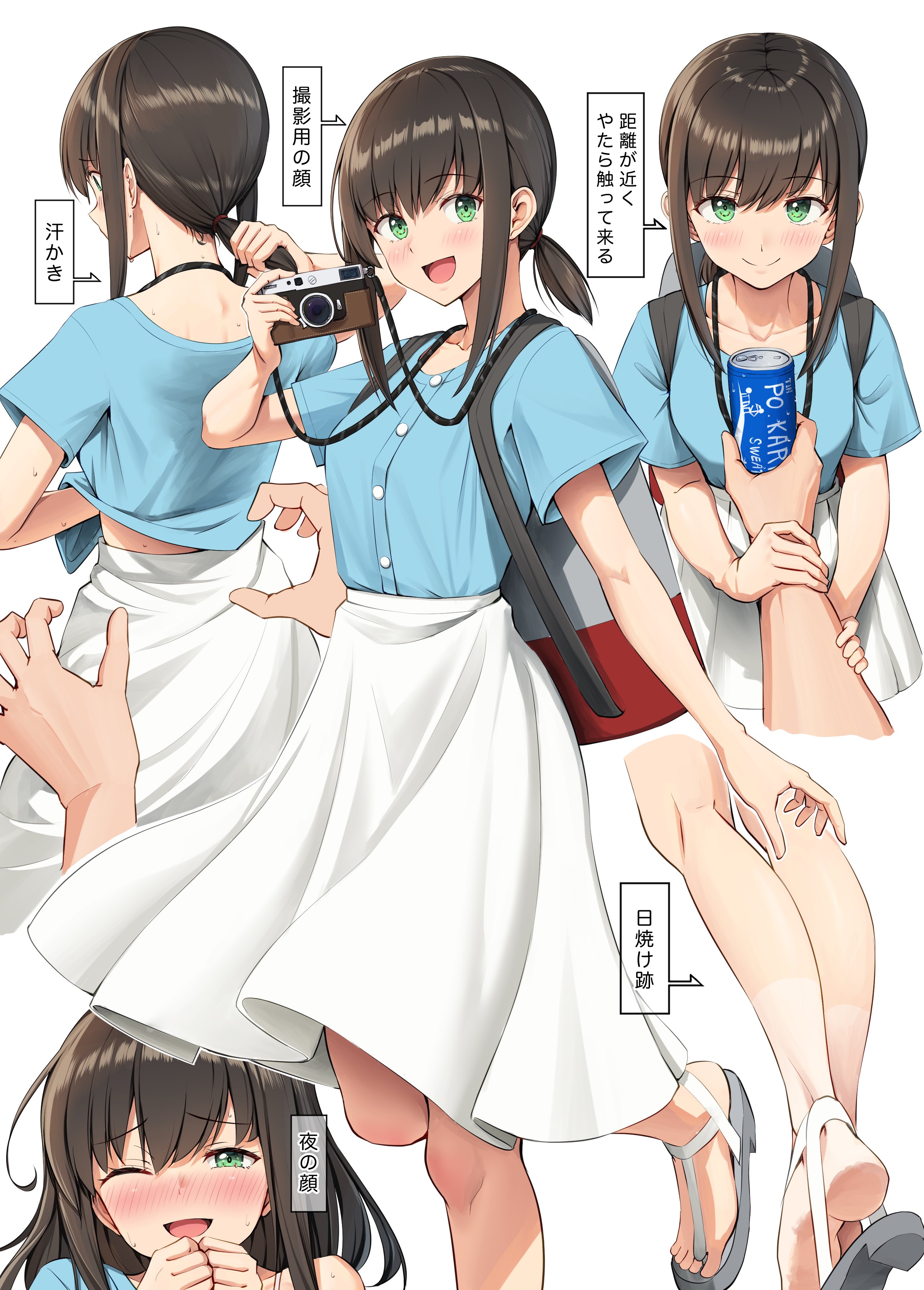 ichikawa feesu, fubuki (kancolle), fubuki (kure) (kancolle), kantai collection, absurdres, commentary request, highres, translation request, 1girl, blue shirt, blush, breasts, brown hair, camera, can, closed mouth, hair between eyes, high-waist skirt, holding, holding camera, holding can, looking at viewer, low ponytail, medium breasts, medium hair, multiple views, nape, nose blush, one eye closed, open mouth, ponytail, sandals, shirt, shirt tucked in, short ponytail, short sleeves, skirt, smile, soles, sweat, sweat stain, white skirt