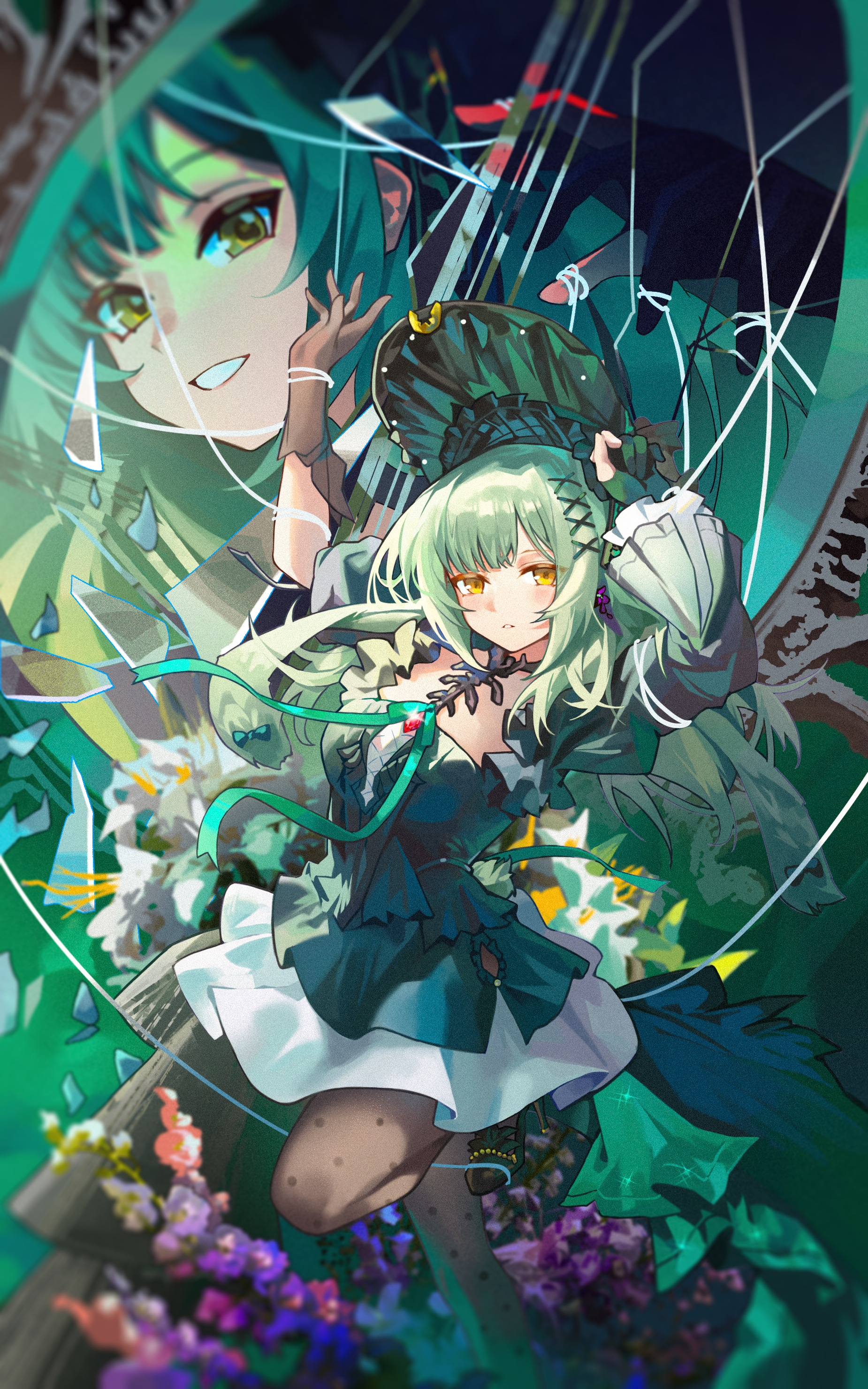 fr-ee-dom, togawa sakiko, wakaba mutsumi, arknights, bang dream!, bang dream! it's mygo!!!!!, absurdres, chinese commentary, commentary request, highres, 2girls, animal ears, arms up, black bonnet, black dress, black gloves, black pantyhose, bonnet, dress, floppy ears, flower, foot out of frame, glass shards, gloves, gothic lolita, green hair, green ribbon, hair ornament, lolita fashion, long hair, long sleeves, looking at viewer, marionette, mirror, multiple girls, pantyhose, puppet, puppet strings, purple flower, rabbit ears, rabbit girl, ribbon, sidelocks, smile, standing, standing on one leg, togawa sakiko (master of melodia), wakaba mutsumi (marionette's id), x hair ornament, yellow eyes
