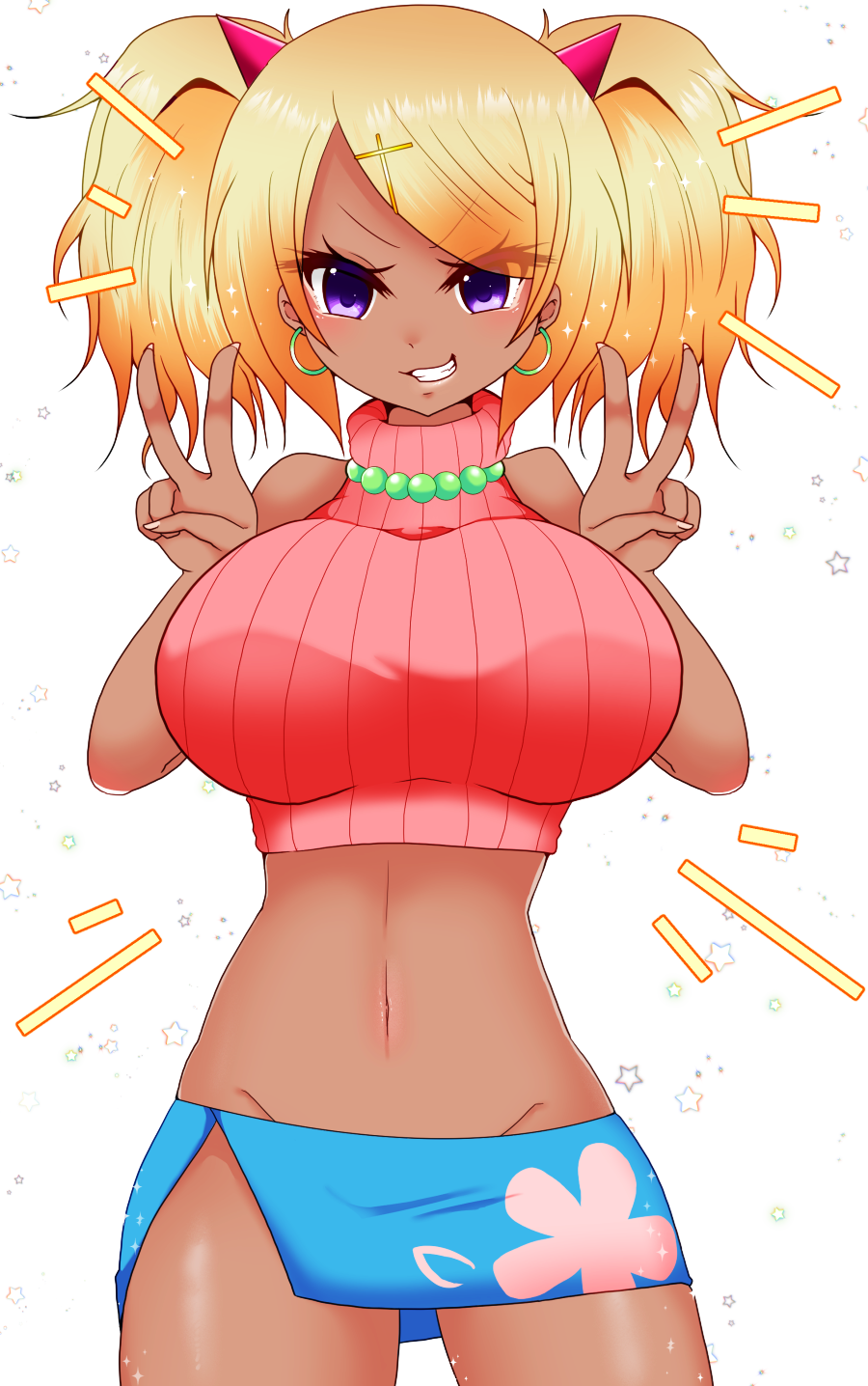 tamako (pop'n music), bemani, pop'n music, highres, 1girl, blonde hair, breasts, clenched teeth, dark-skinned female, dark skin, double v, earrings, fingernails, ganguro, gyaru, hair ornament, heart, horns, jewelry, kajitu itigo, large breasts, looking at viewer, medium hair, navel, necklace, purple eyes, smile, solo, teeth, twintails, v