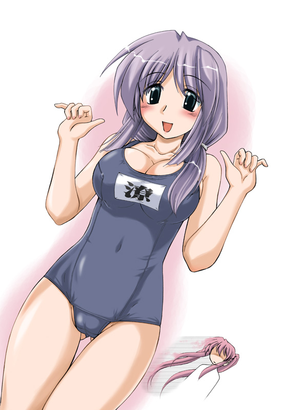 wan'yan aguda, niwatazumi keiko, niwatazumi nagoya, torikoro, 2girls, blue eyes, blue one-piece swimsuit, blush, breasts, cameltoe, cleavage, collarbone, large breasts, long hair, looking at viewer, mature female, multiple girls, name tag, one-piece swimsuit, open mouth, pink hair, purple hair, school swimsuit, smile, swimsuit, twintails, white background
