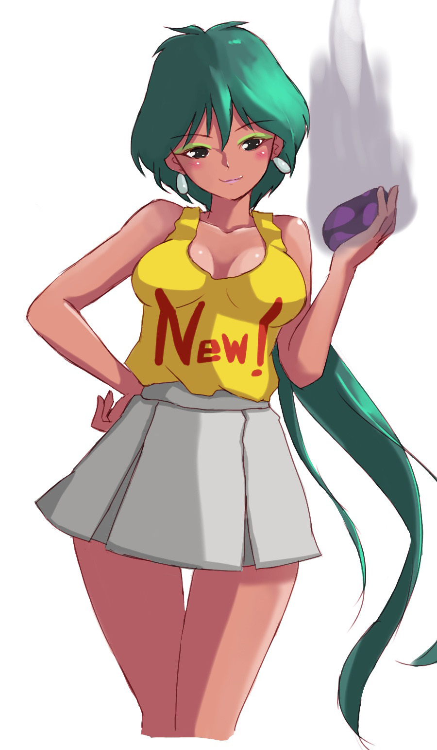 michael49755, bishoujo senshi sailor moon, bishoujo senshi sailor moon r, commentary request, highres, 1girl, avogadora, black eyes, blush, breasts, earrings, eyeshadow, green eyeshadow, green hair, grey skirt, holding, jewelry, makeup, simple background, skirt, smile, solo, tank top, white background, yellow tank top