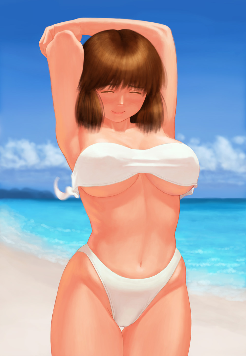 artist request, character request, copyright request, highres, 1girl, arms behind head, arms up, beach, bikini, breasts, brown hair, cleavage, closed eyes, cloud, collarbone, female focus, large breasts, navel, ocean, sand, short hair, sky, smile, solo, standing, swimsuit, water, white bikini