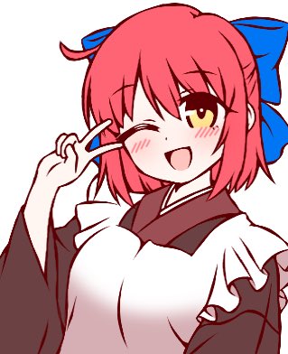 ketsumaimo, kohaku (tsukihime), tsukihime, commentary request, lowres, 1girl, :d, apron, blue bow, bow, brown kimono, cowlick, hair bow, japanese clothes, kimono, looking at viewer, open mouth, red hair, short hair, simple background, smile, solo, upper body, v, white apron, white background, yellow eyes