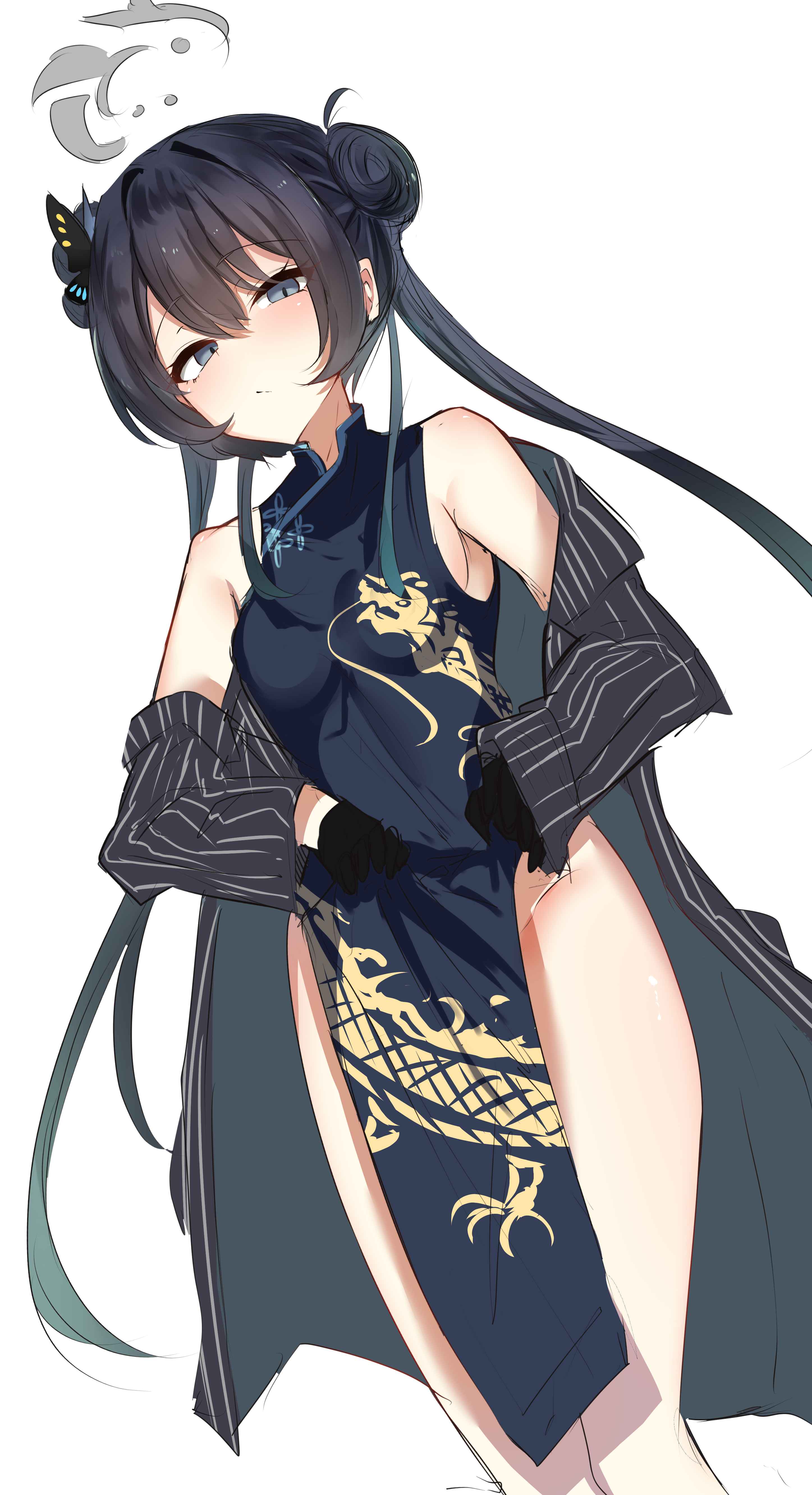 teik0p, kisaki (blue archive), blue archive, absurdres, highres, 1girl, bare shoulders, black dress, black gloves, black sleeves, bottomless, breasts, butterfly hair ornament, china dress, chinese clothes, double-parted bangs, double bun, dragon print, dress, forehead, gloves, green hair, grey eyes, grey halo, hair bun, hair ornament, halo, legs, light frown, looking at viewer, low twintails, multicolored hair, off shoulder, shadow, simple background, small breasts, solo, streaked hair, striped clothes, twintails, two-tone hair, vertical-striped clothes, white background