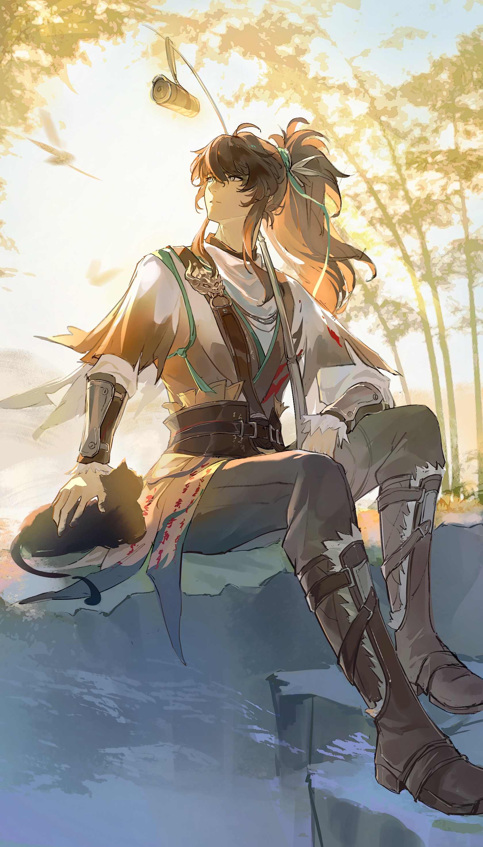 huqu (huqu45712), qiuyuan (wuthering waves), wuthering waves, absurdres, commentary request, highres, 1boy, arm armor, black boots, black cat, black hair, black pants, boots, cat, green ribbon, grey eyes, hair between eyes, hair ribbon, holding, long hair, male focus, outdoors, pants, ponytail, ribbon, shirt, sitting, solo, white shirt