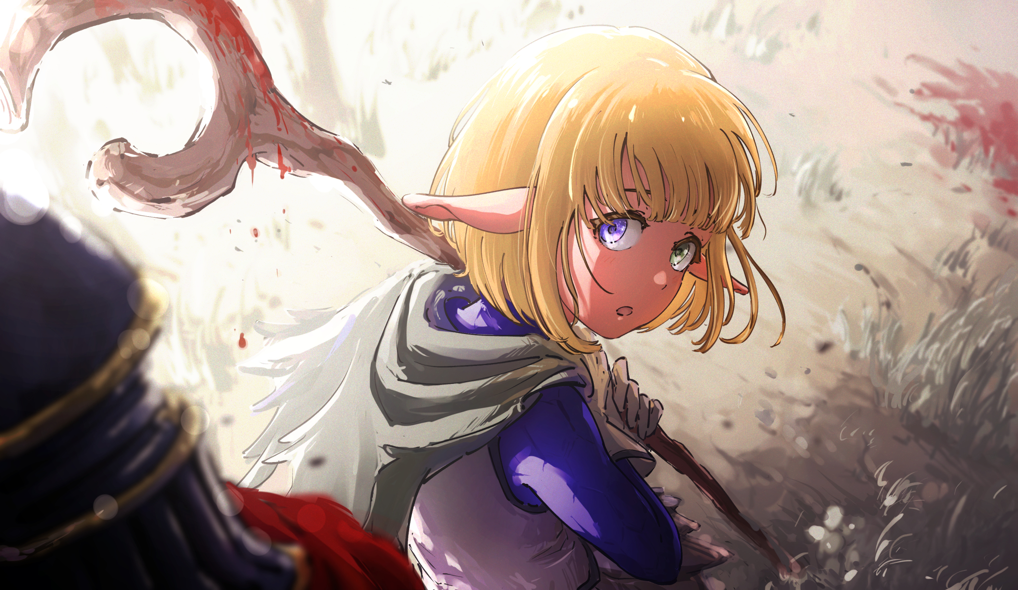 ninjin ika, ainz ooal gown, mare bello fiore, momon (overlord), overlord (maruyama), highres, 2boys, :o, black helmet, blonde hair, blood, bloody weapon, blue eyes, blue shirt, bob cut, cape, crossdressing, crossdressing (mtf), dark-skinned male, dark elf, dark skin, elf, fantasy, gloves, green cape, green eyes, helmet, heterochromia, holding, holding staff, leather shirt, light blush, male focus, multiple boys, open mouth, pointy ears, red cape, scale print, shirt, short cape, staff, trap, vest, weapon, white gloves, white vest, wooden staff