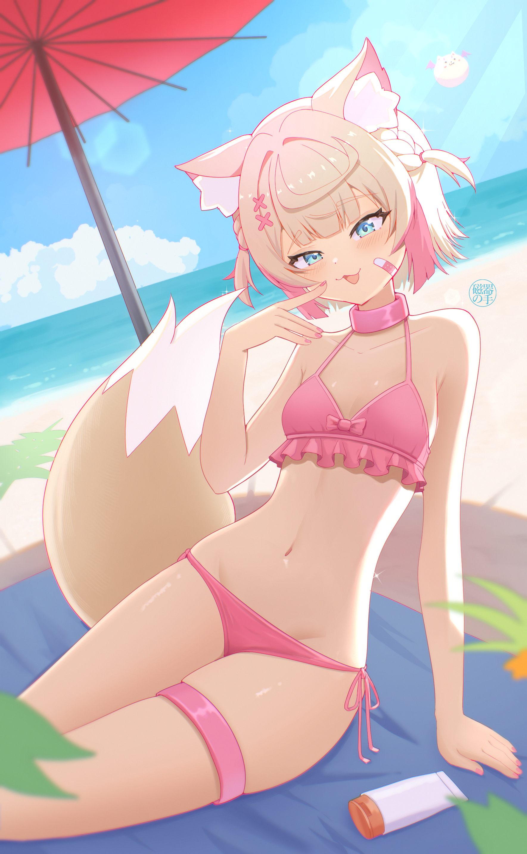 choconi, mococo abyssgard, hololive, hololive english, absurdres, highres, 1girl, animal ears, bandaid, bandaid on cheek, bandaid on face, beach umbrella, bikini, blue eyes, blue sky, cloud, collar, dog ears, dog girl, dog tail, frilled bikini, frills, looking at viewer, nail polish, navel, open mouth, outdoors, pink bikini, pink collar, pink hair, pink nails, short hair, sky, smile, solo, swimsuit, tail, two side up, umbrella, virtual youtuber