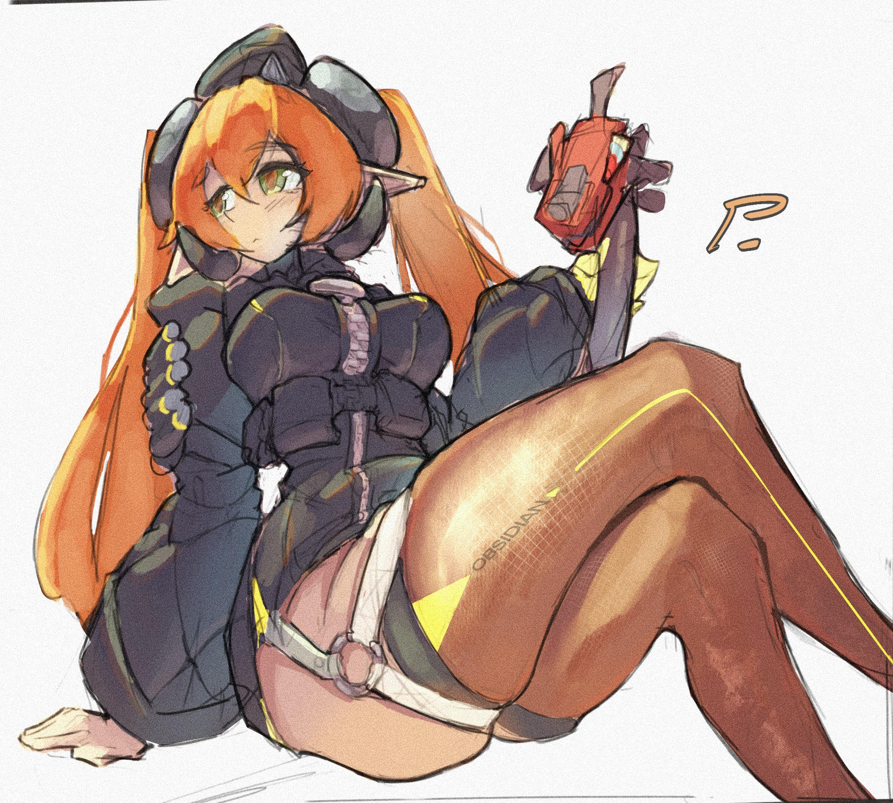 magus (zenless zone zero), orphie magnusson, zenless zone zero, highres, 2girls, black gloves, black hat, blush, breasts, crossed legs, gloves, goat horns, green eyes, hat, horns, large breasts, multiple girls, orange hair, orange leggings, pointy ears, psyphony, signature, tail, twintails, yellow gloves
