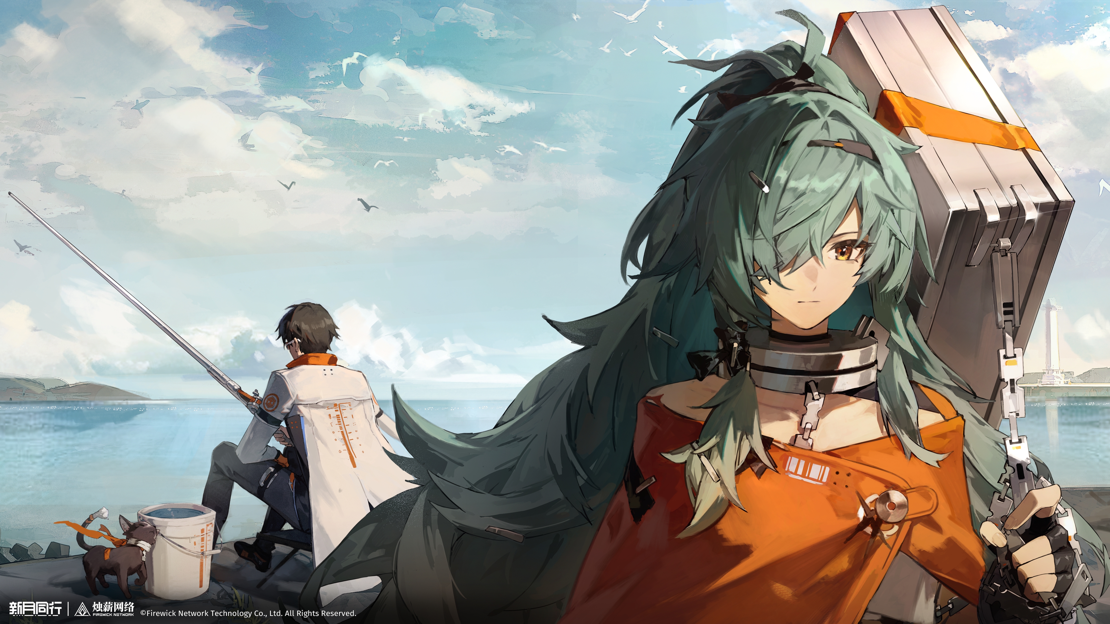 xinyue tongxing, absurdres, highres, official art, official wallpaper, 1boy, 1girl, black cat, black gloves, black hair, black pants, bucket, cat, cihui (xinyue tongxing), coat, copyright name, copyright notice, day, facing away, fingerless gloves, fishing, fishing rod, gloves, green hair, hair over one eye, hand up, holding, holding case, holding fishing rod, logo, long hair, looking at viewer, on stool, one eye covered, orange cloak, outdoors, pants, ponytail, qiji (xinyue tongxing), short hair, simple bird, sitting, upper body, very long hair, water, white coat, yellow eyes