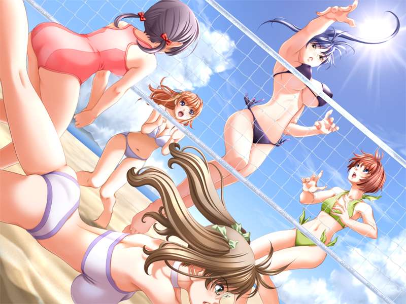 sano toshihide, ichibanboshi maako, minase anko, misaki renka, nagaregawa kohane, ogushi yuniko, shichinin no online gamers, game cg, jpeg artifacts, 5girls, arm up, armpits, ass, back, barefoot, beach, beach volleyball, bikini, blue eyes, breasts, brown hair, casual one-piece swimsuit, choker, cloud, covered erect nipples, diving, dutch angle, glasses, green eyes, hair bow, hair ornament, hairclip, jumping, large breasts, legs, long fingernails, long hair, micro bikini, multiple girls, net, one-piece swimsuit, open mouth, orange hair, own hands clasped, purple hair, red hair, short hair, short twintails, side-tie bikini bottom, sky, sports bikini, squatting, sun, swimsuit, thigh gap, twintails, underboob, volleyball, white bikini