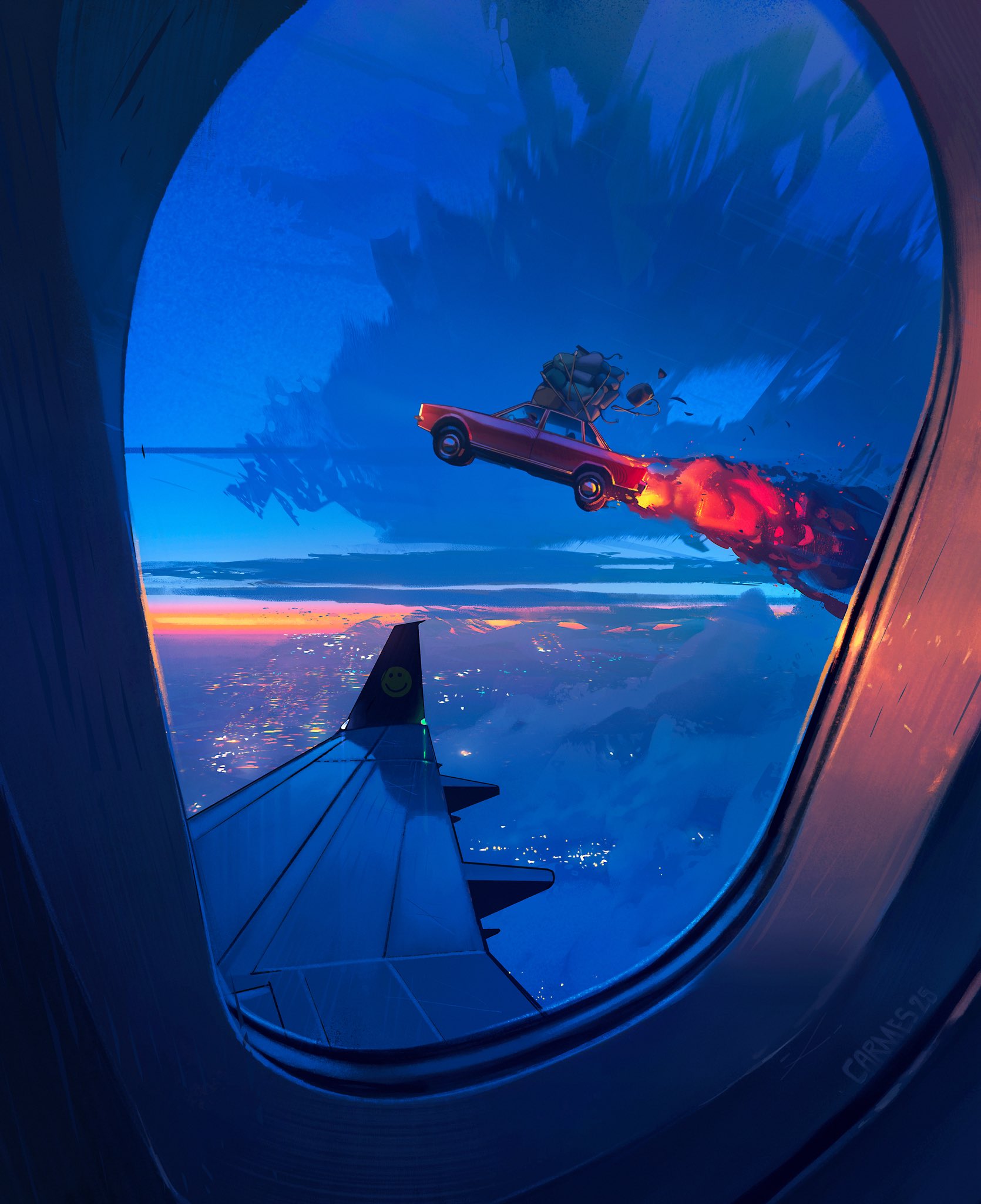 jocelin carmes, original, highres, 1other, above clouds, airplane interior, airplane wing, artist name, blue sky, car, city lights, cloud, fire, flying car, horizon, motor vehicle, muscle car, pov, red car, scenery, sky, smiley face, smoke, stack, sunset