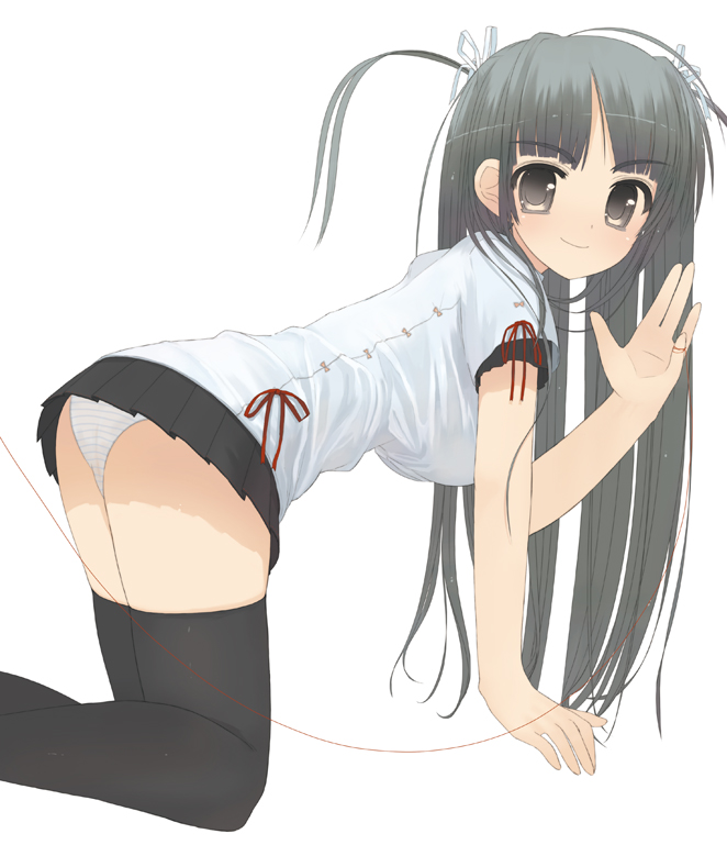 mukoujima tenro, tenro, original, all fours, black eyes, black hair, long hair, panties, pantyshot, solo, thighhighs, underwear