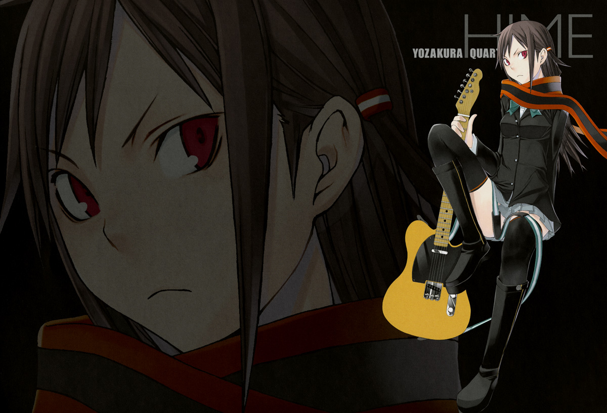 yasuda suzuhito, yarizakura hime, yozakura quartet, official art, 1girl, boots, electric guitar, female focus, guitar, instrument, long hair, red eyes, scarf, skirt, solo, thighhighs
