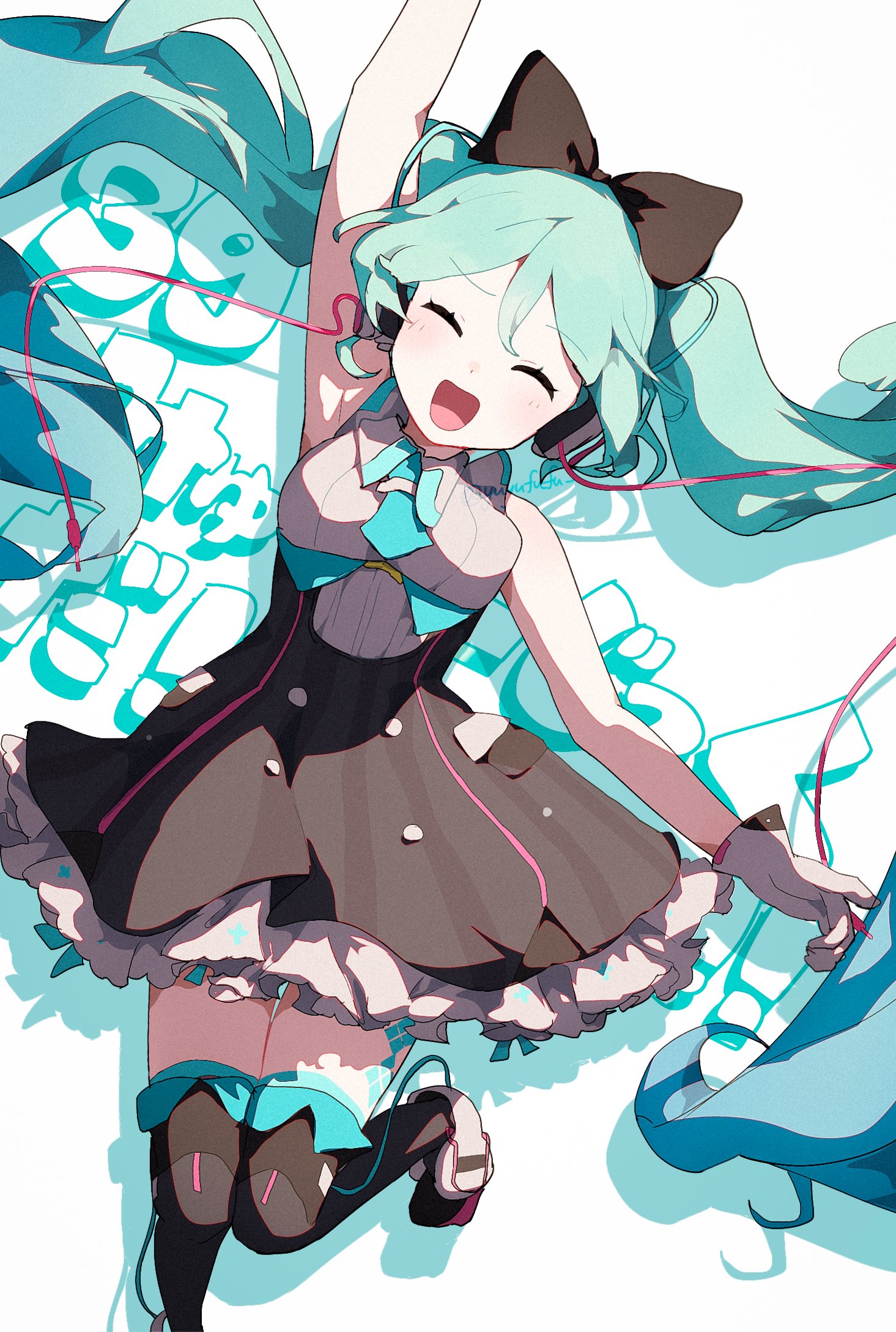 yuyufufu, hatsune miku, vocaloid, highres, 1girl, aqua hair, aqua necktie, arm up, bare shoulders, black bow, black skirt, black thighhighs, blue necktie, bow, cable, closed eyes, dress, facing viewer, framed breasts, frilled skirt, frills, gloves, hair bow, headphones, high-waist skirt, long hair, necktie, open mouth, shirt, short necktie, skirt, sleeveless, sleeveless shirt, smile, solo, thighhighs, twintails, very long hair, white gloves, zettai ryouiki