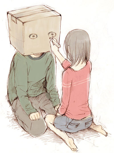 wakana (nagomoo), bad id, bad pixiv id, 1boy, 1girl, box, cardboard box, marker