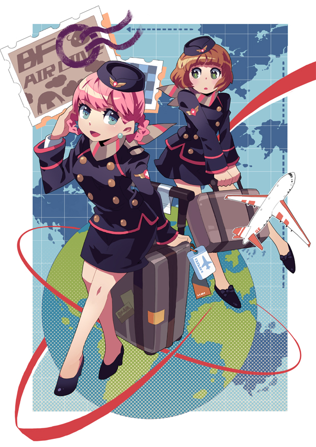 bf. (sogogiching), original, 2girls, aircraft, airline, airplane, ascot, blue eyes, brown hair, flight attendant, green eyes, multiple girls, pencil skirt, pink hair, skirt, suitcase, travel attendant