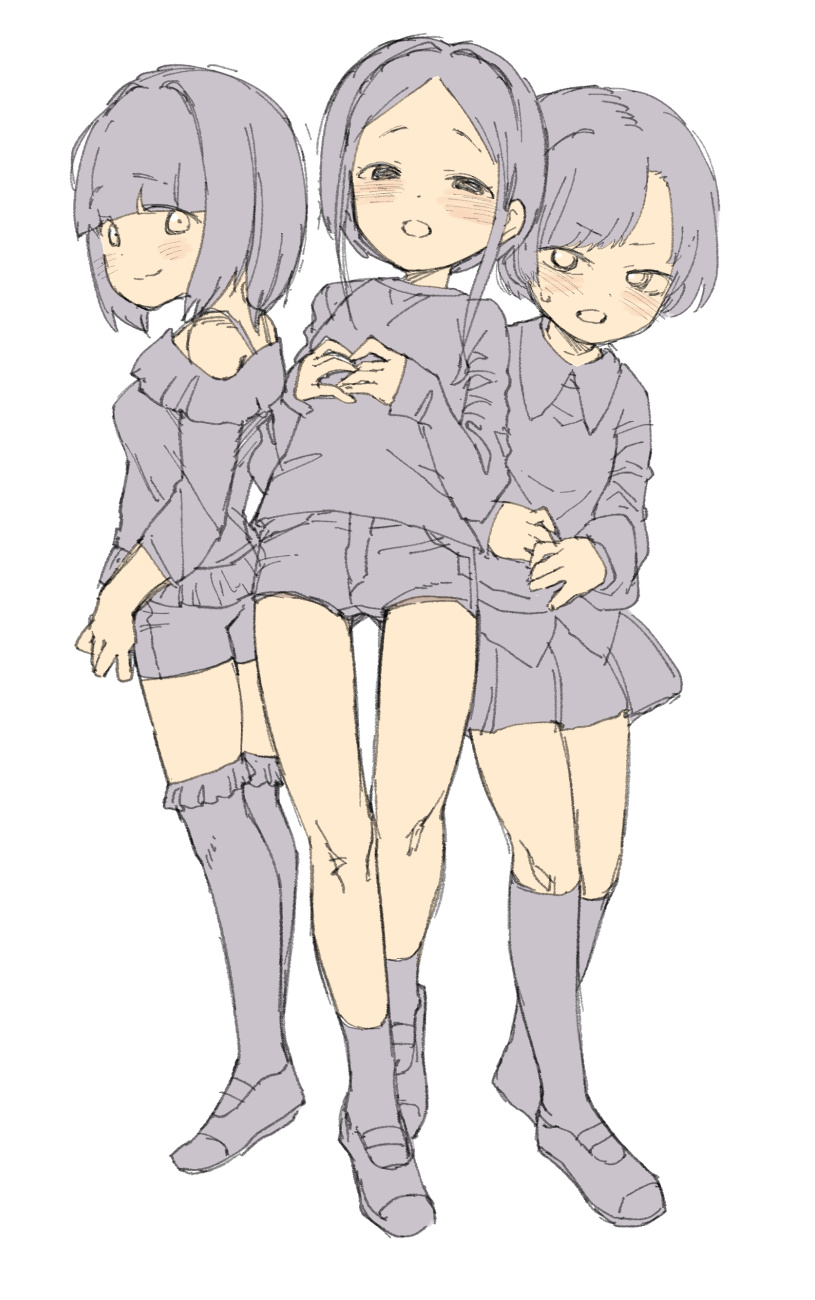 kikai (akita morgue), original, highres, blush, grey shorts, kneehighs, long sleeves, looking at viewer, open mouth, shoes, short hair, shorts, smile, socks, thighhighs, white background
