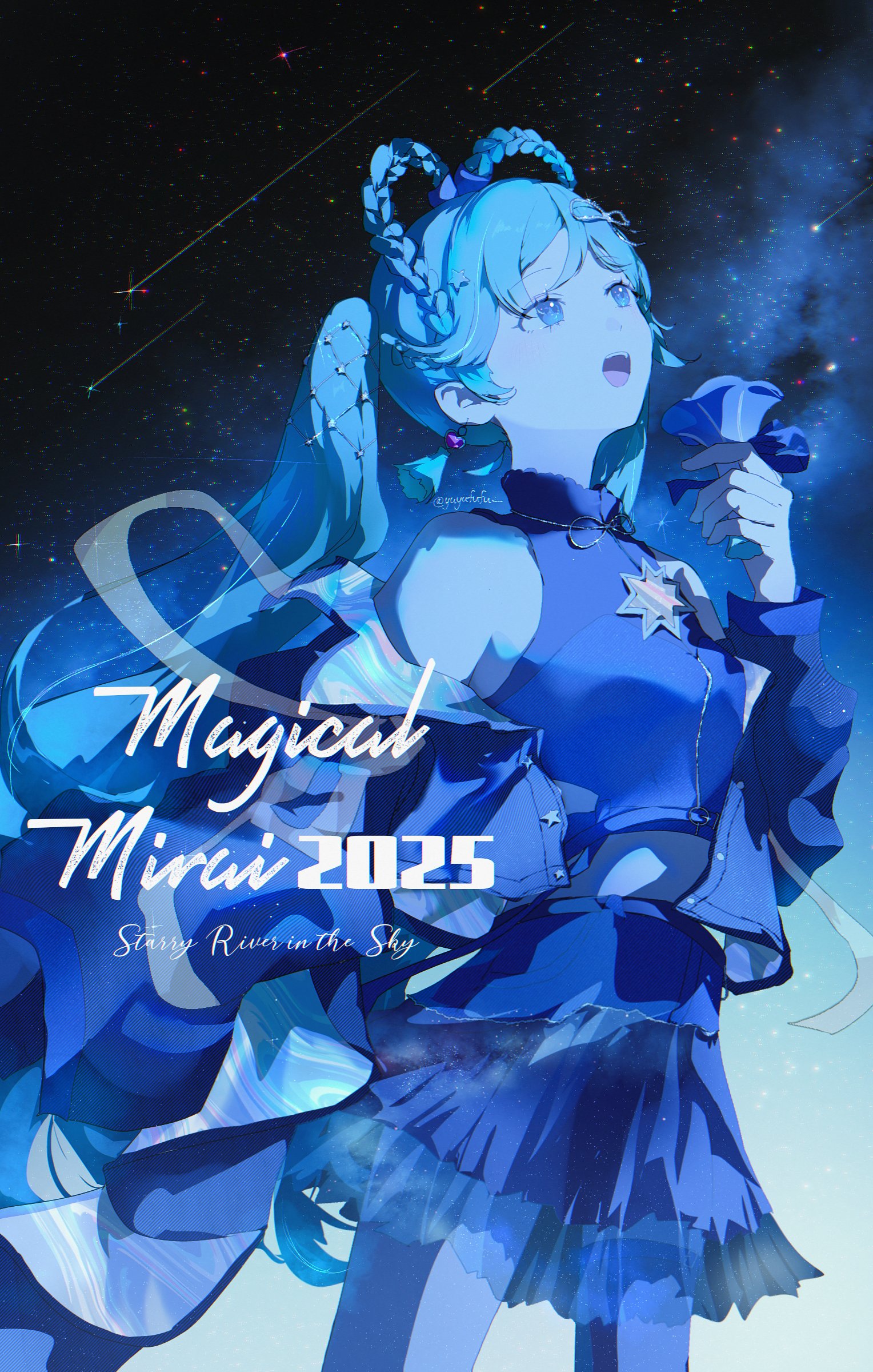 yuyufufu, hatsune miku, magical mirai miku, magical mirai miku (2025), magical mirai (vocaloid), vocaloid, absurdres, highres, 1girl, anniversary, bare shoulders, blue eyes, blue flower, blue hair, blue jacket, blue skirt, blue theme, braid, constellation, earrings, flower, hair ornament, holding, jacket, jewelry, long hair, looking up, night, night sky, open clothes, open jacket, open mouth, shirt, shooting star, skirt, sky, sleeveless, sleeveless shirt, solo, star (sky), star (symbol), starry sky, thank you, twintails, very long hair