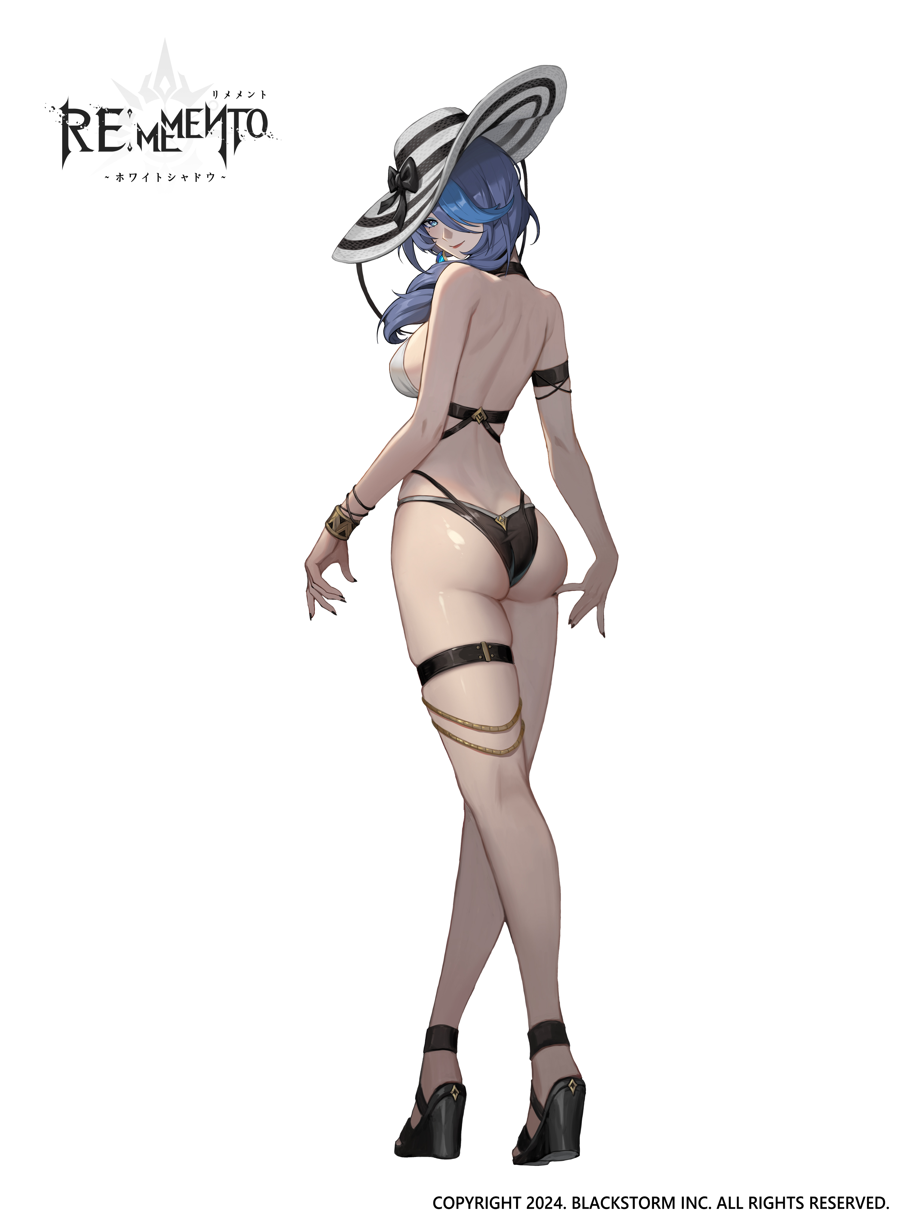 rememento: white shadow, absurdres, highres, official art, 1girl, arm strap, ass, back, bikini, black bikini, black bow, black shoes, blue hair, bow, bracelet, breasts, copyright name, copyright notice, from side, full body, hair over one eye, hat, hat bow, jewelry, large breasts, logo, long hair, looking back, one eye covered, sacha (rememento), sandals, shoes, skindentation, smile, solo, striped hat, sun hat, swimsuit, tachi-e, thigh strap, wedge heels, white background