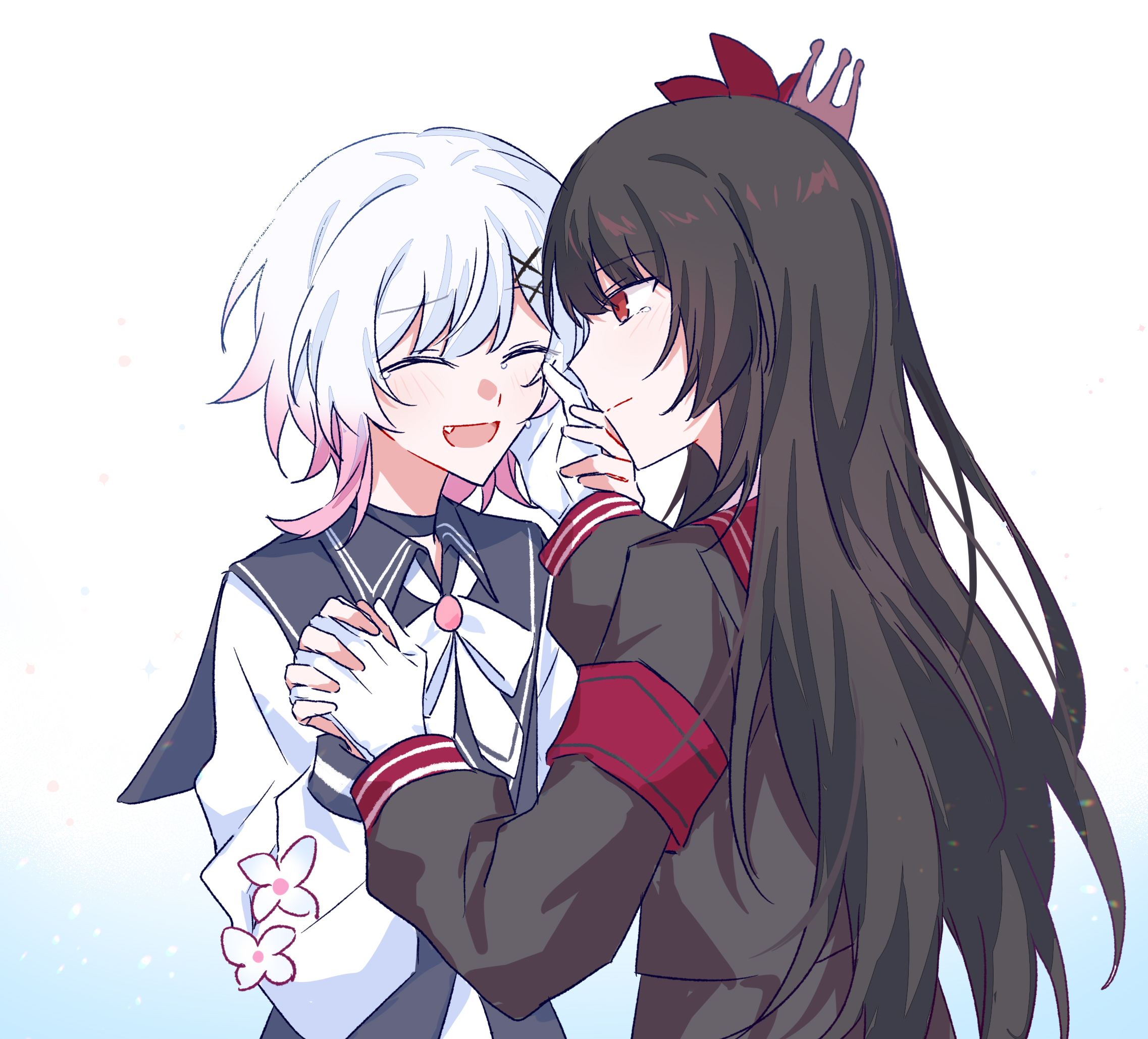 touming jun, nikaidou hiro, sakuraba ema, mahou shoujo no majo saiban, highres, 2girls, :d, black hair, closed eyes, fang, gloves, hair ornament, hand on another's cheek, hand on another's face, holding hands, interlocked fingers, long hair, long sleeves, looking at another, magical girl, multicolored hair, multiple girls, open mouth, pink hair, red eyes, short hair, simple background, smile, tears, upper body, white background, white gloves, white hair, x hair ornament, yuri