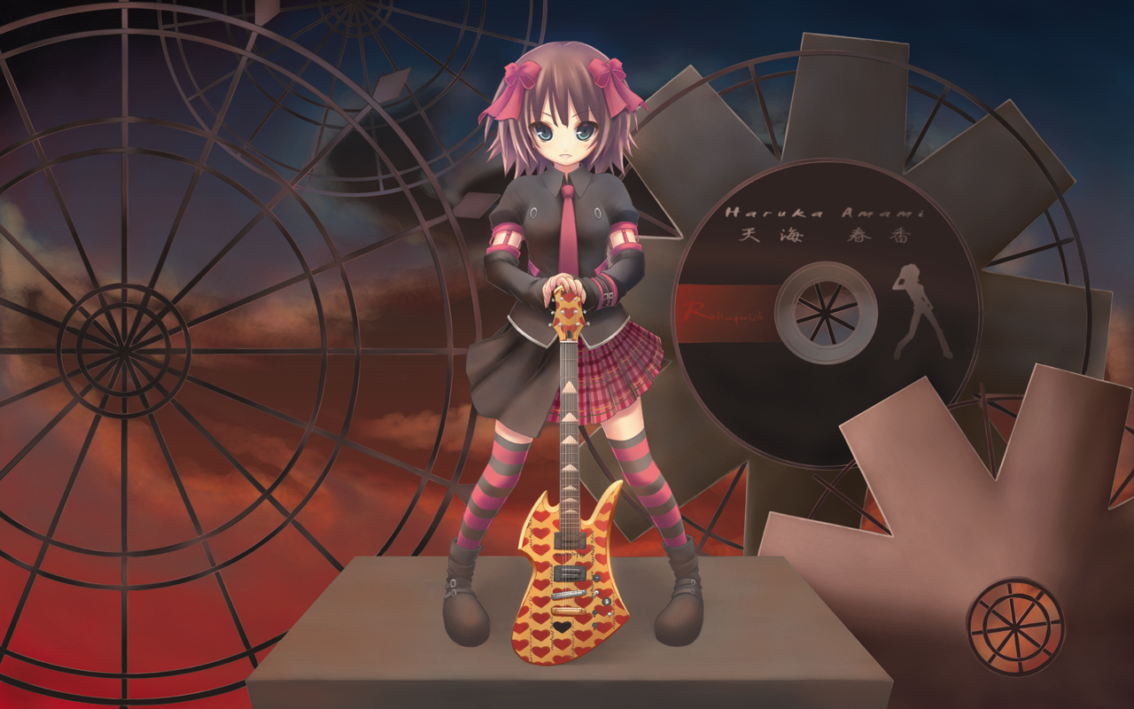 ryo (botugo), amami haruka, dark haruka, fernandes guitars, idolmaster, idolmaster (classic), bad id, bad pixiv id, 00s, 1girl, brown hair, female focus, green eyes, guitar, instrument, necktie, plaid clothes, plaid skirt, punkish gothic, short hair, skirt, solo, striped clothes, striped thighhighs, thighhighs, zettai ryouiki