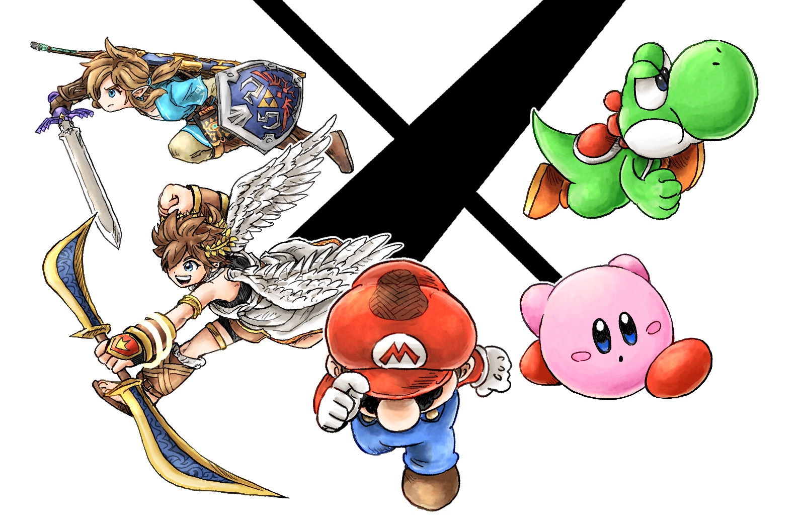 kicdon, kirby, link, mario, pit (kid icarus), yoshi, kid icarus, kirby (series), mario (series), nintendo, super smash bros., the legend of zelda, ahoge, angel, angel wings, blue eyes, blush stickers, bow (weapon), brown shoes, colored skin, facial hair, footprints, gloves, green skin, hat, holding, holding bow (weapon), holding sword, holding weapon, hylian shield, master sword, multiple boys, mustache, palutena bow (kid icarus), pointy ears, red hat, shield, shoes, sword, weapon, white gloves, wings