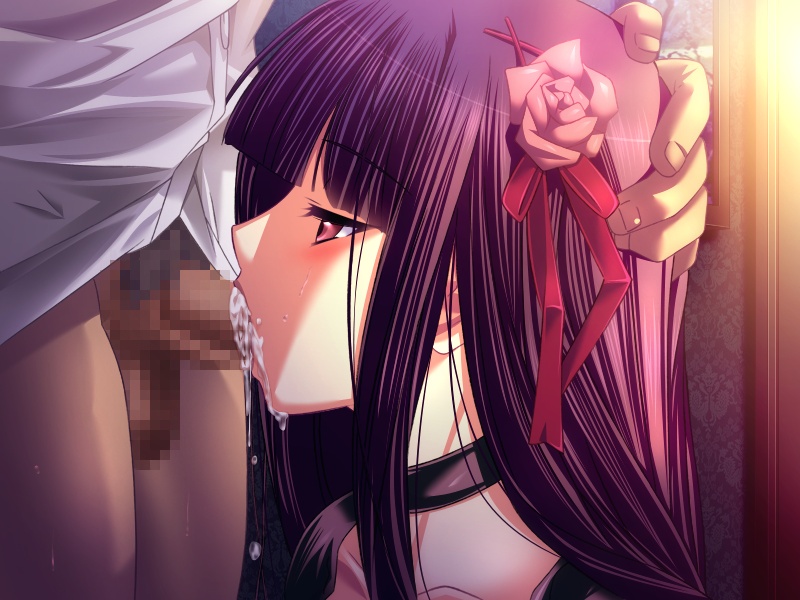 m&m, hilda (toriko no hime), toriko no hime, game cg, 1girl, blush, censored, choker, cum, cum in mouth, deepthroat, fellatio, from side, hair ornament, hand on another's head, hime cut, long hair, mosaic censoring, oral, penis, solo focus