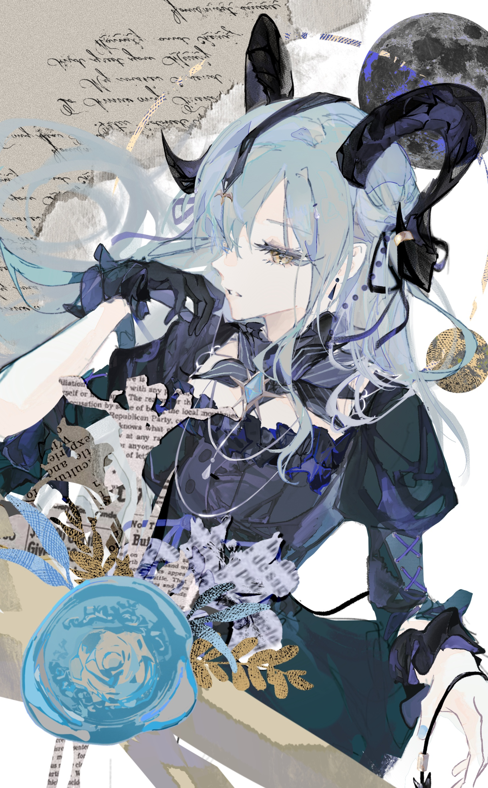 yi chuan xian hua, togawa sakiko, arknights, bang dream!, bang dream! it's mygo!!!!!, absurdres, chinese commentary, commentary request, highres, 1girl, black dress, black gloves, black horns, black ribbon, blue hair, curled horns, detached collar, dress, gloves, hair ribbon, hand up, horn ornament, horn ring, horns, long hair, looking at viewer, paper texture, ribbon, sidelocks, single glove, solo, tail, tail ornament, tail ring, togawa sakiko (master of melodia), wrist cuffs, yellow eyes