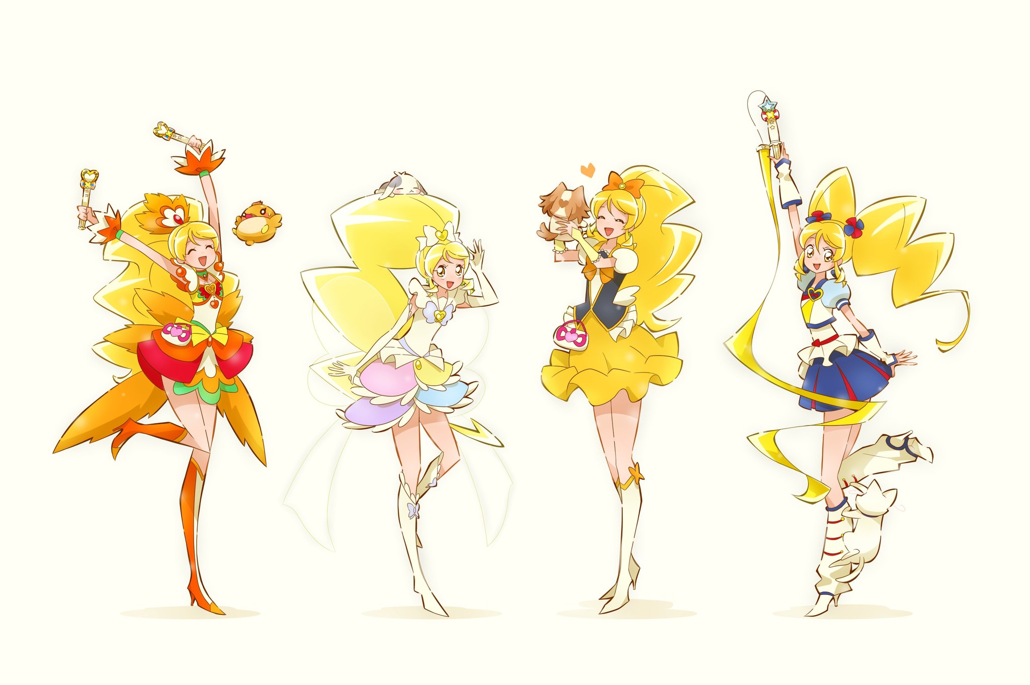 yuu13, cure honey, cure honey (coconut samba), cure honey (innocent form), cure honey (popcorn cheer), inukai komugi, inukai komugi (dog), nekoyashiki yuki, nekoyashiki yuki (cat), oomori yuuko, toyama daifuku, yuunagi tsubasa, yuunagi tsubasa (bird), happinesscharge precure!, hirogaru sky! precure, precure, wonderful precure!, commentary, highres, alternate form, blonde hair, boots, bow, hair bow, knee boots, knee up, long hair, multicolored skirt, orange boots, ponytail, skirt, toyama daifuku (rabbit), twintails, white boots, yellow eyes, yellow skirt