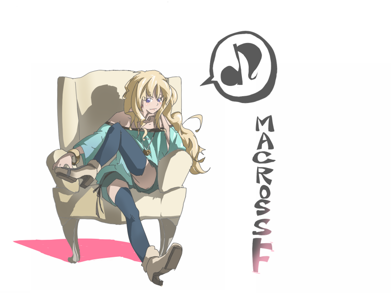 garuan, sheryl nome, macross, macross frontier, bad id, bad pixiv id, 00s, bare shoulders, blonde hair, long hair, sitting, solo, thighhighs