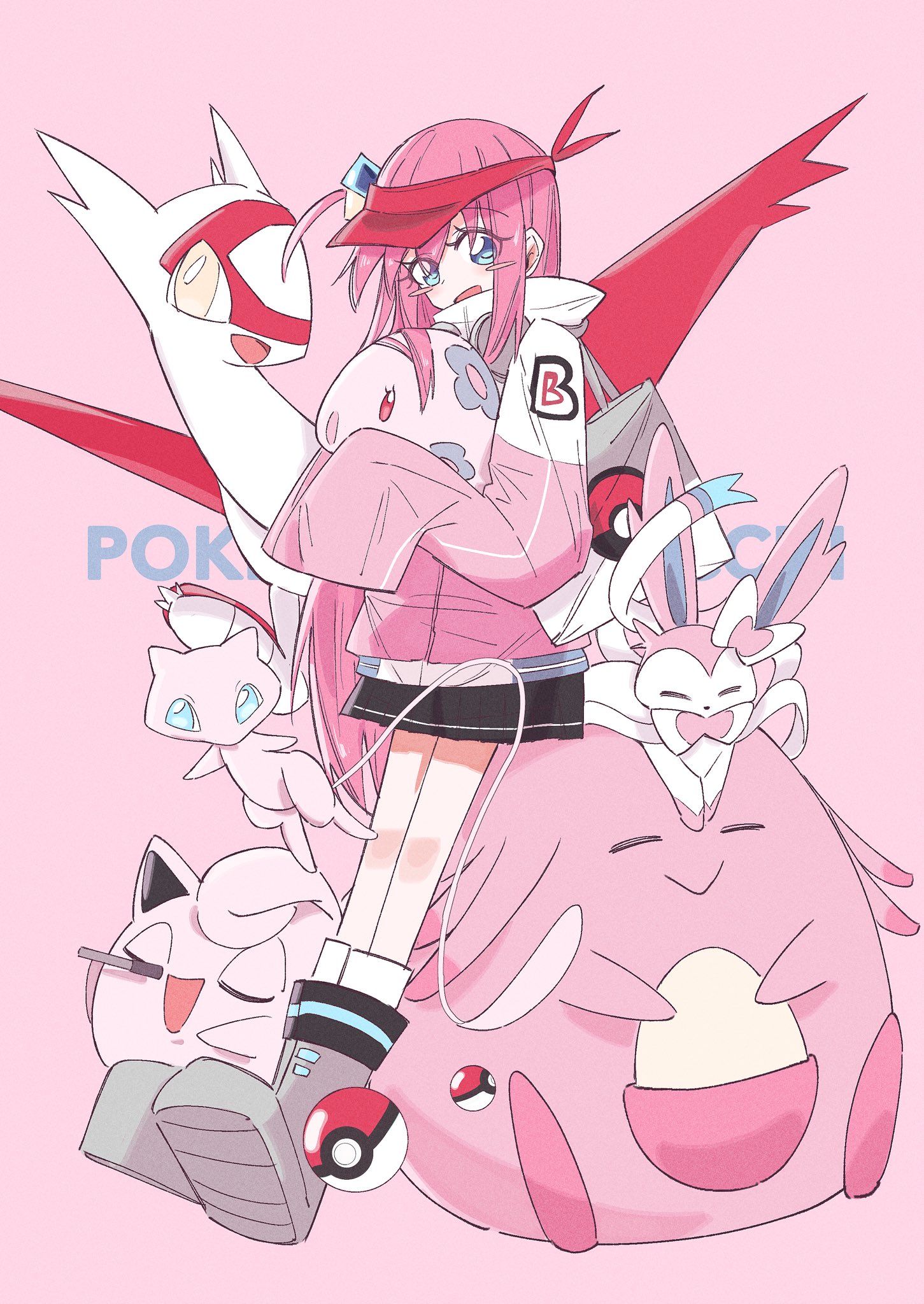 gotoh hitori, sylveon, bocchi the rock!, nintendo, pokemon, highres, 1girl, bike shorts, blue eyes, blush stickers, closed eyes, crossover, gen 6 pokemon, long hair, lyjun2002, pink background, poke ball, pokemon (creature), shorts, smile, standing