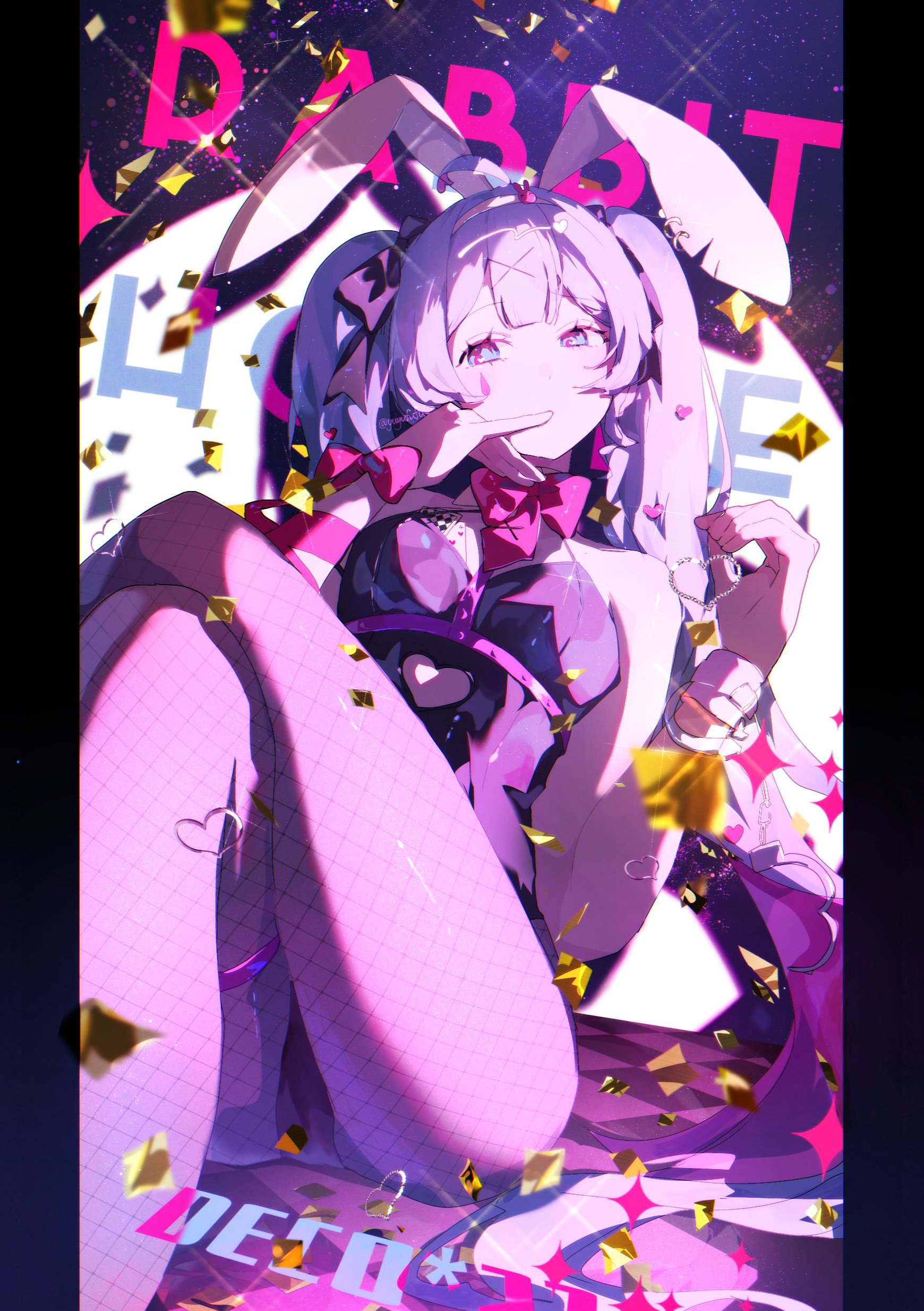 yuyufufu, hatsune miku, vocaloid, absurdres, highres, 1girl, animal ears, black leotard, bow, clothing cutout, cuffs, fake animal ears, fishnet pantyhose, fishnets, hair ornament, handcuffs, heart cutout, leotard, long hair, looking at viewer, pantyhose, pillarboxed, pink pupils, playboy bunny, rabbit ears, solo, teardrop facial mark, twintails, x hair ornament