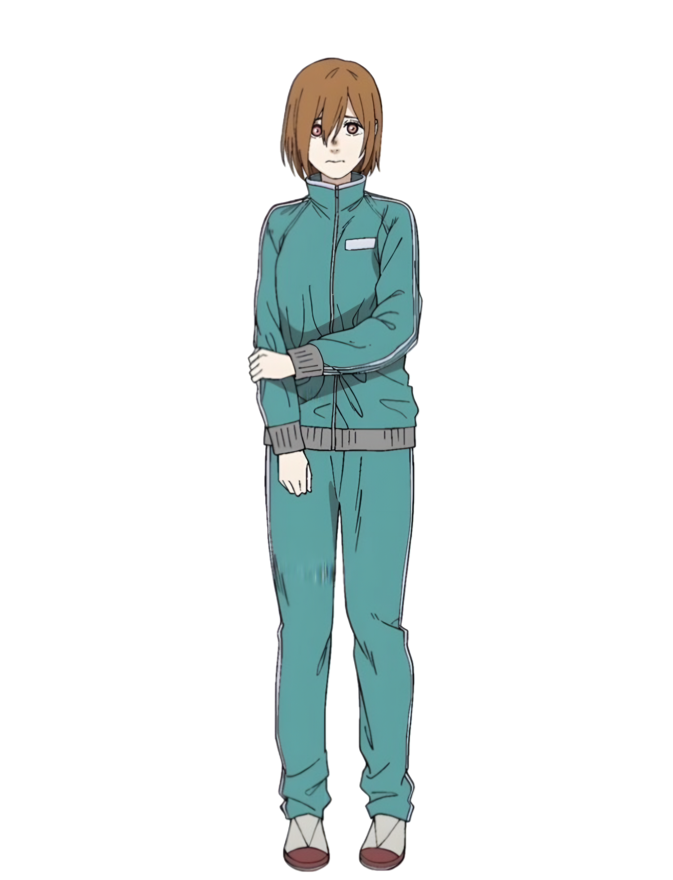 toshihide (me ga sametara onnanoko ni natteita yamai), me ga sametara onnanoko ni natteita yamai, non-web source, official art, 1girl, brown hair, closed mouth, collared jacket, green jacket, green pants, gym uniform, jacket, long hair, long sleeves, looking at viewer, pants, pink eyes, shoes, shy, solo, transparent background