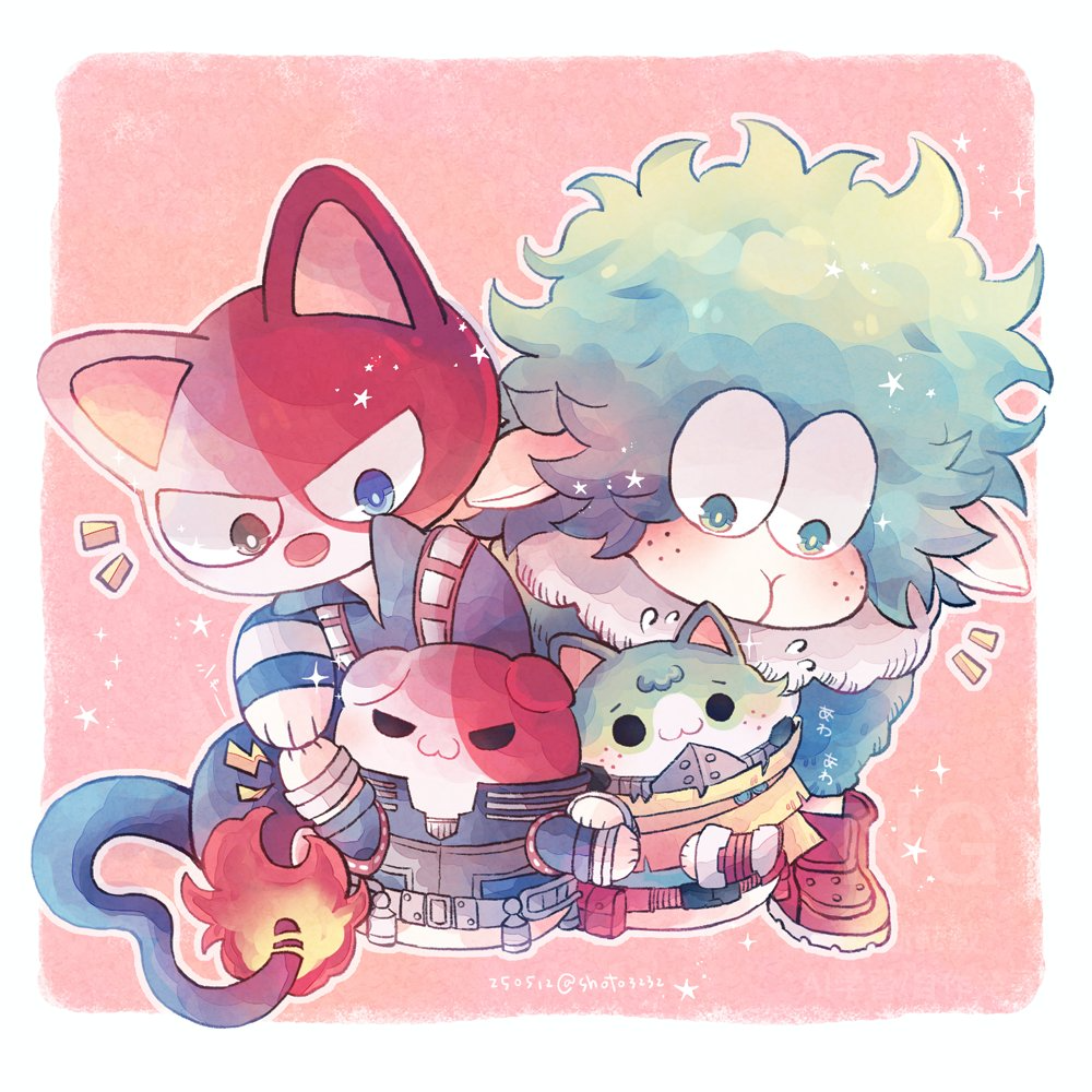 midoriya izuku, todoroki shoto, boku no hero academia, plushie, cat, dekusheep, fire, freckles, sheep, shoto3232, shoutocat, tail, tododeku, wool