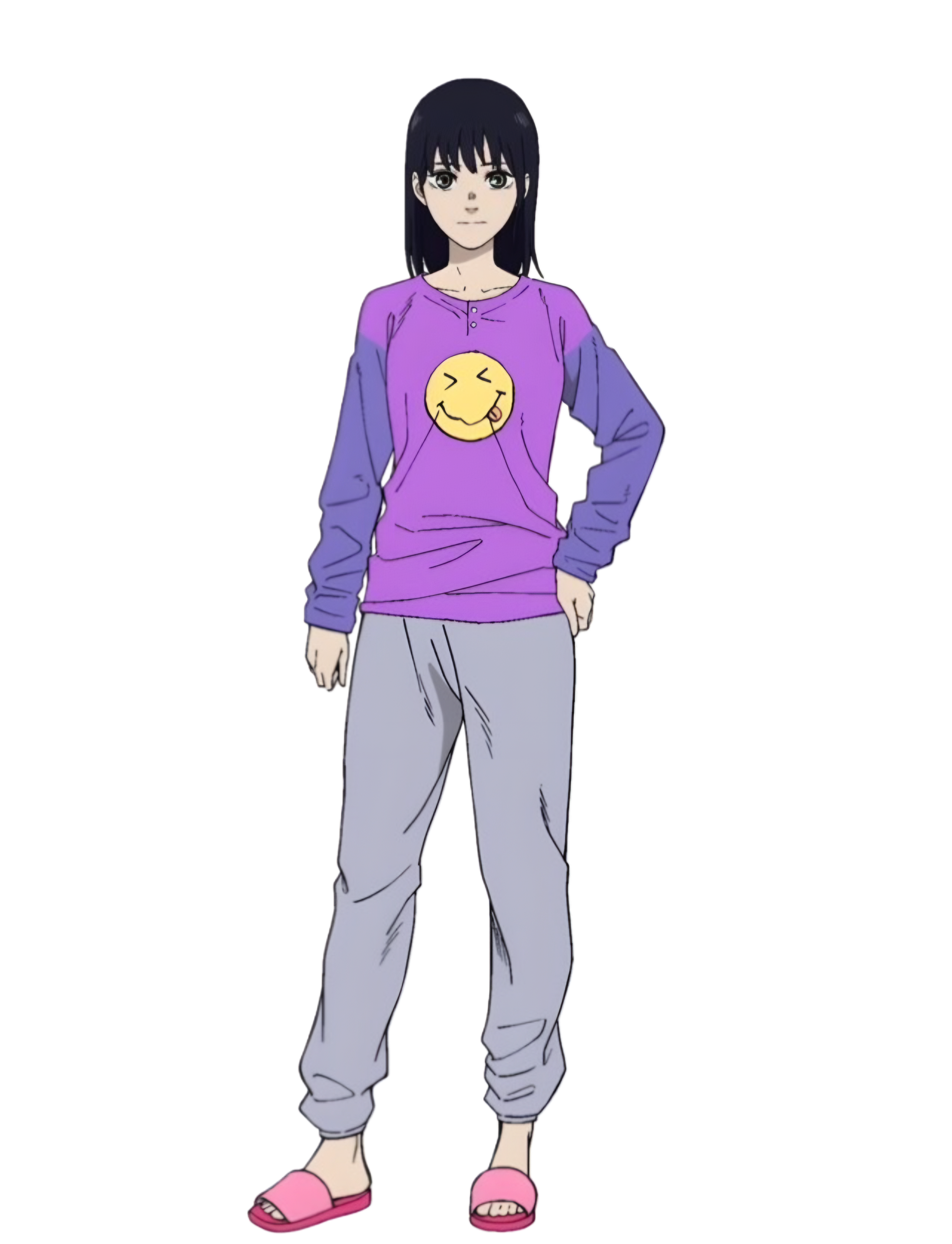 rie (me ga sametara onnanoko ni natteita yamai), me ga sametara onnanoko ni natteita yamai, non-web source, official art, 1girl, black hair, closed mouth, expressionless, green eyes, grey pants, long hair, long sleeves, looking at viewer, pants, pink sandals, purple shirt, sandals, shirt, solo, transparent background