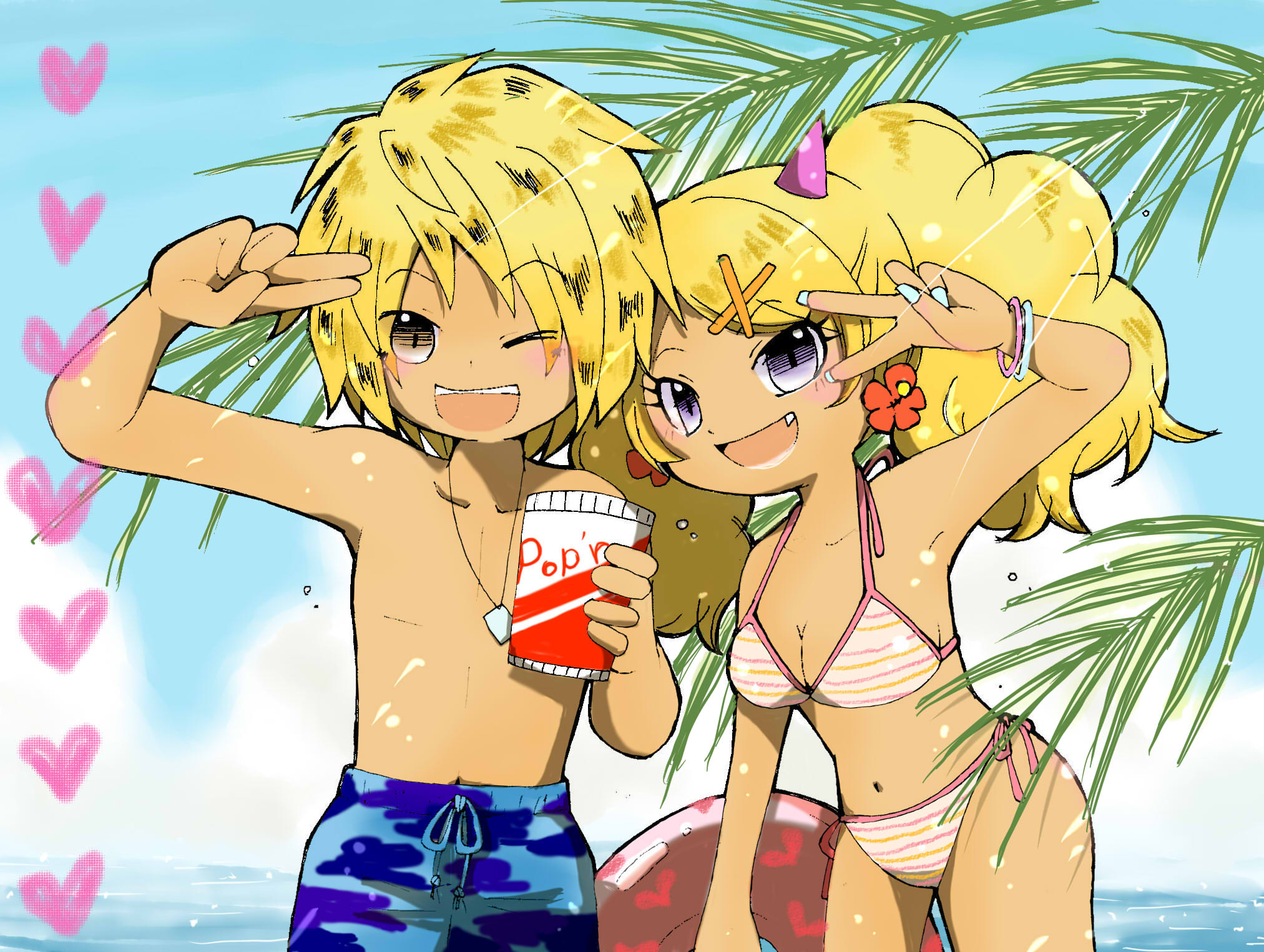 aruru (artist), chara-o, tamako (pop'n music), bemani, pop'n music, highres, 1boy, 1girl, beach, bikini, blonde hair, breasts, brown eyes, cleavage, dark-skinned female, dark-skinned male, dark skin, fangs, fingernails, ganguro, gyaru, hair ornament, heart, heart print, innertube, jewelry, large breasts, navel, ocean, one eye closed, pendant, purple eyes, short hair, swim ring, swimsuit, v