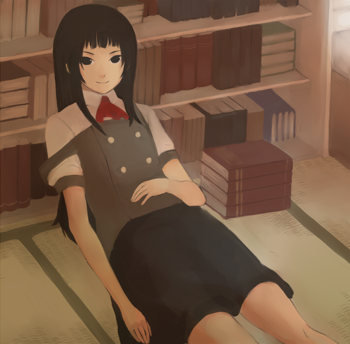 oboru konbu, original, bad id, bad pixiv id, black eyes, black hair, book, bookshelf, leaning back, library, long hair, lying, reclining, school uniform, serafuku, smile, solo, strap slip, tatami