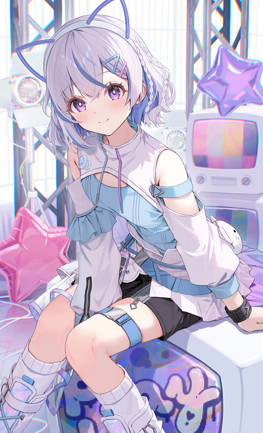 motto (night wear), miria (iriam), iriam, highres, 1girl, belt, between legs, black shorts, blue hair, blue shirt, blush, braid, closed mouth, clothing cutout, colored inner hair, detached sleeves, grey hair, guest art, hand between legs, long sleeves, looking at viewer, monitor, multicolored hair, purple eyes, shirt, short hair, short shorts, shorts, shrug (clothing), sitting, smile, solo, streaked hair, television, thigh strap, virtual youtuber, white hair