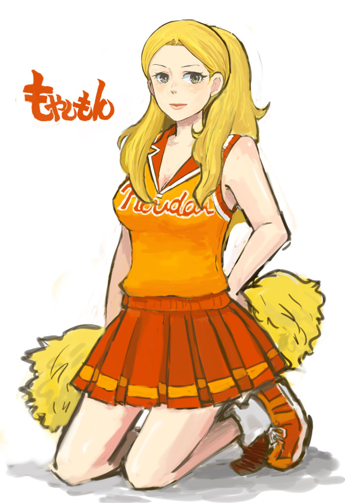 niwa (lulubelle), hirooka aya, moyashimon, bad id, bad pixiv id, 1girl, blonde hair, cheerleader, female focus, kneeling, long hair, pom pom (cheerleading), solo