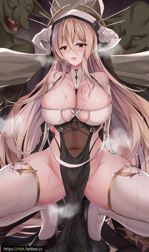 napalmbit, implacable (azur lane), azur lane, commentary request, mixed-language commentary, 1girl, :o, arms behind back, bare shoulders, between breasts, black dress, black shoes, black veil, blonde hair, breasts, breath, collarbone, covered navel, crossed bangs, curled horns, dot nose, double-parted bangs, dress, fanbox username, forehead, full body, goblin, gold trim, hat, heavy breathing, high heels, horns, huge breasts, knees out of frame, legs, long hair, looking at viewer, no panties, open mouth, red eyes, shoes, spread legs, squatting, teeth, thighhighs, thighs, veil, very long hair, white thighhighs
