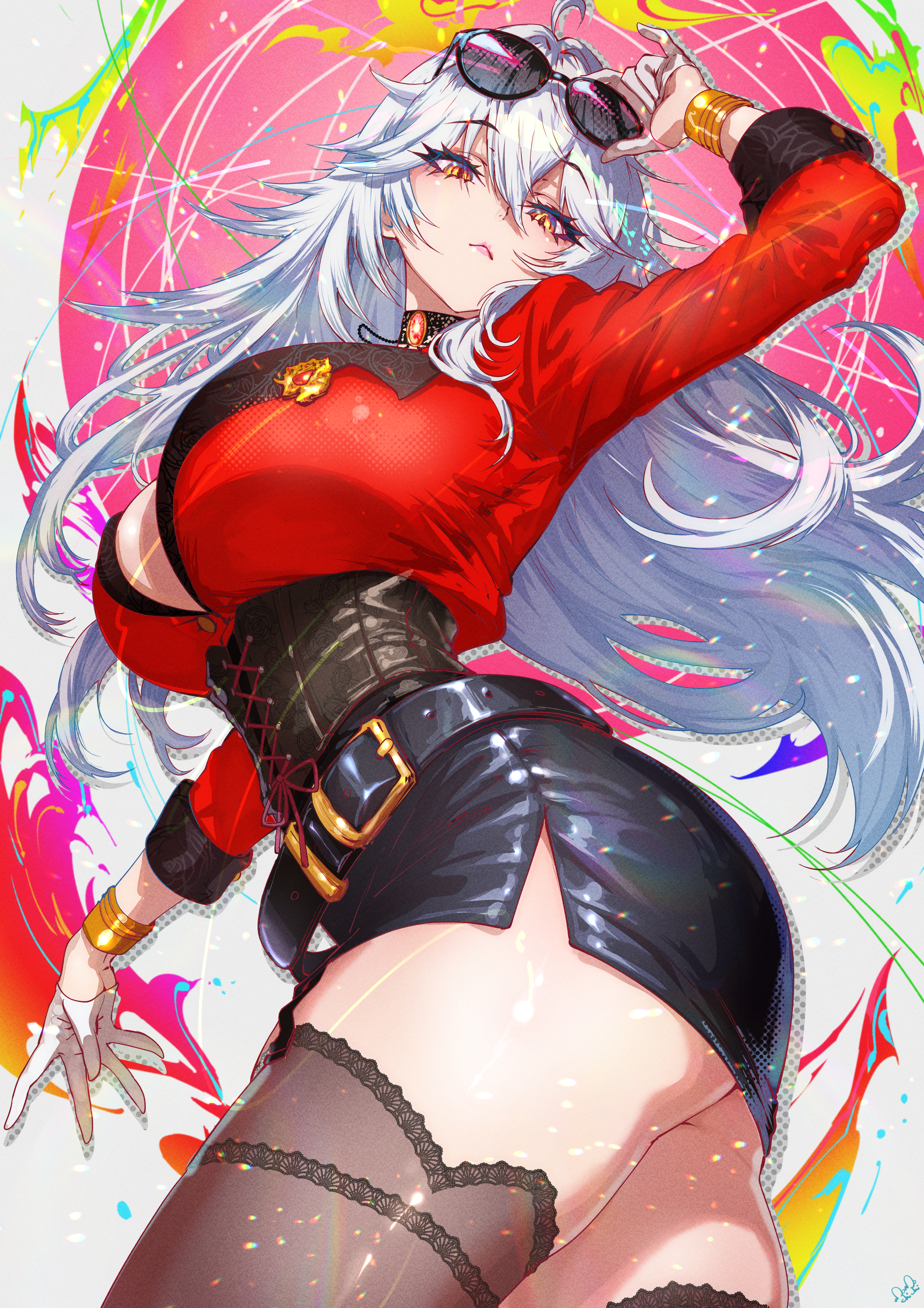 momoyama tits, zentreya, zentreya (cyborg), indie virtual youtuber, absurdres, highres, 1girl, black corset, black skirt, black thighhighs, bracelet, breasts, choker, closed mouth, corset, eyewear on head, from below, from side, gloves, jacket, jewelry, large breasts, lipstick, long hair, looking at viewer, looking to the side, makeup, pencil skirt, red jacket, skirt, solo, sunglasses, thighhighs, virtual youtuber, white gloves, white hair, yellow eyes, zentreya (cyborg) (regal)