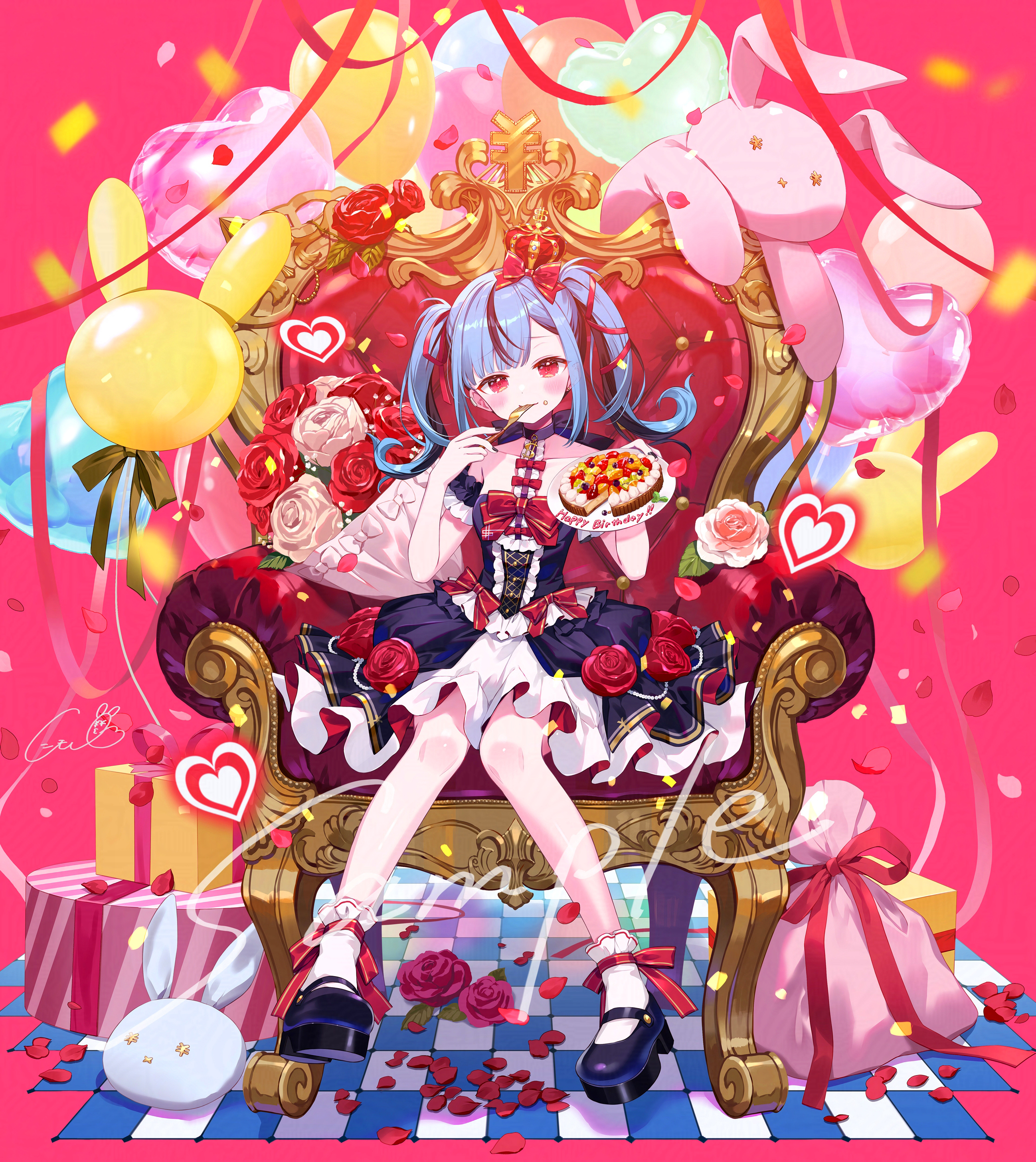 ibara riato, indie virtual youtuber, absurdres, highres, 1girl, balloon, black dress, blue hair, bouquet, bow, box, checkered floor, confetti, dress, eating, flower, food, fork, frills, full body, gift, gift box, hair bow, heart, holding, holding fork, knees together feet apart, looking at viewer, multicolored hair, nito wai, petals, pink flower, plate, red bow, red eyes, red flower, red hair, red rose, rose, sample watermark, shoes, sitting, socks, solo, streaked hair, stuffed animal, stuffed rabbit, stuffed toy, throne, twintails, virtual youtuber, watermark, white flower, white rose, white socks