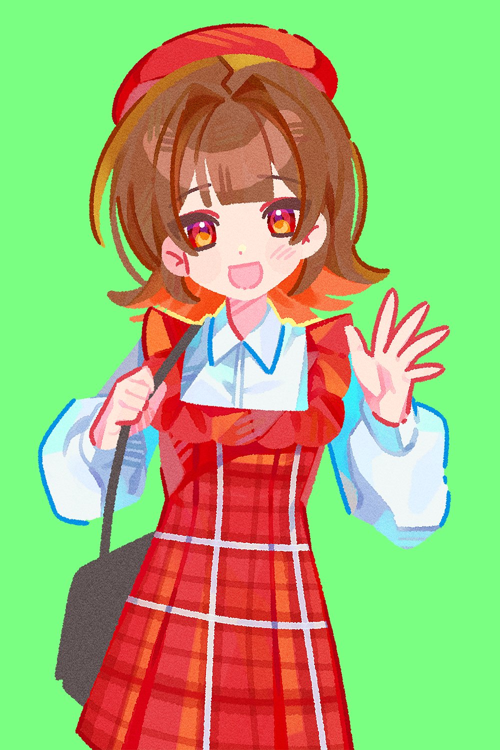 kkyu kyu, estelle (black survival), black survival, eternal return: black survival, highres, 1girl, :d, bag, beret, black bag, brown hair, collared shirt, colored inner hair, cowboy shot, double-parted bangs, dress, facing viewer, flat chest, frilled dress, frills, green background, hair intakes, hat, holding strap, light blush, long sleeves, looking at viewer, medium hair, multicolored hair, open hand, open mouth, orange hair, plaid clothes, plaid dress, puffy long sleeves, puffy sleeves, red dress, red eyes, red hat, satchel, shirt, simple background, smile, solo, two-tone hair, waving, white shirt